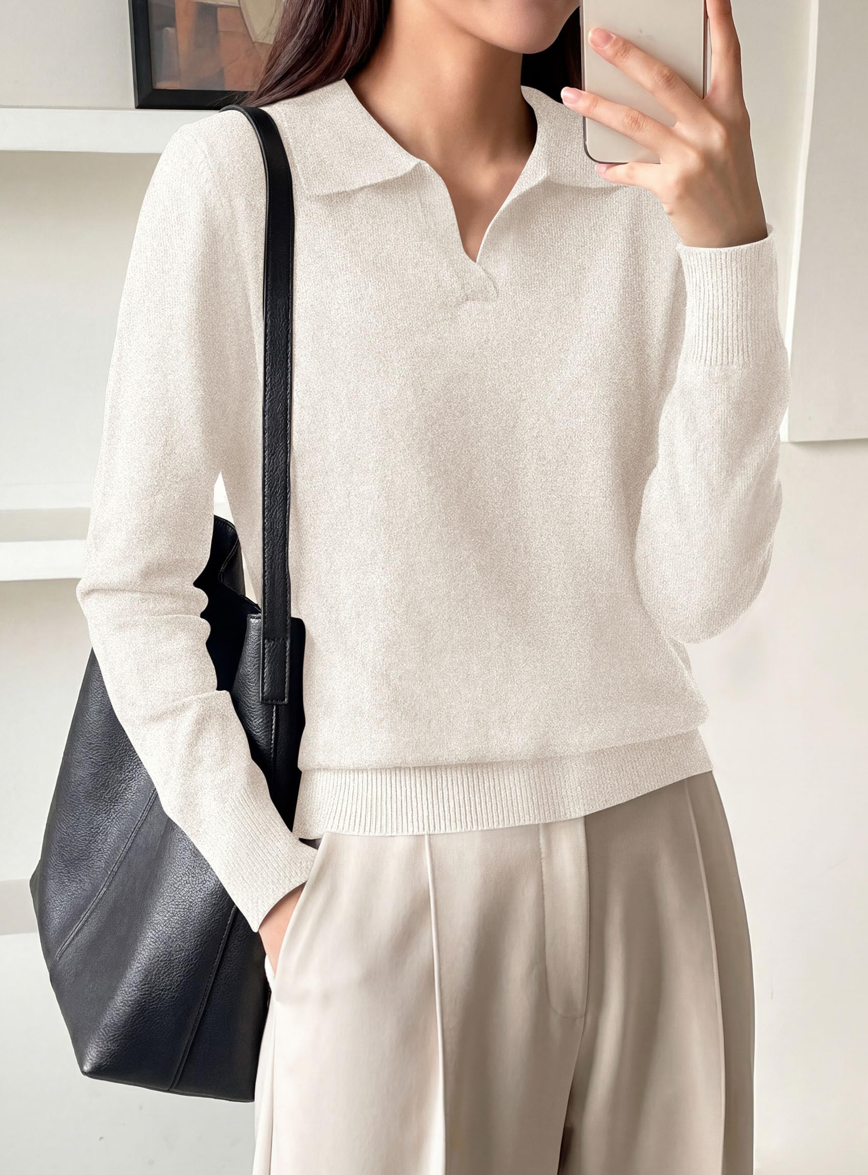 Womens Long Sleeve Collared Polo Sweater,White,M