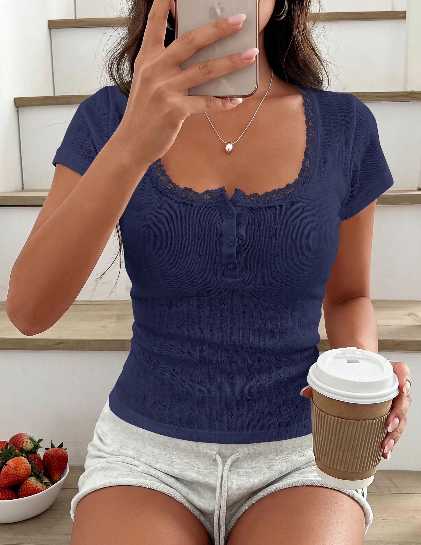 Womens Summer Lace Trim Short Sleeve Henley Top,Royal Blue,S