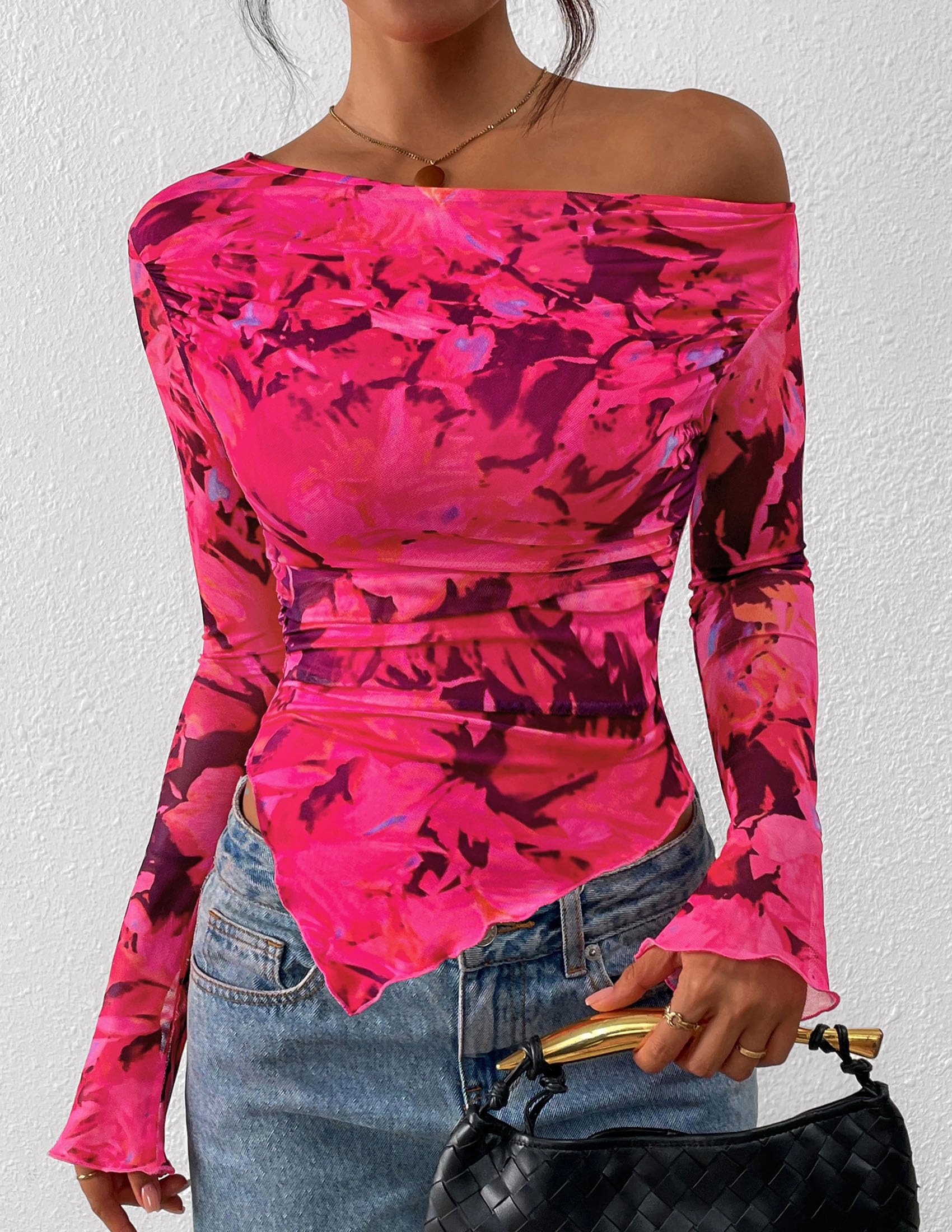 Womens Off Shoulder Mesh Y2k Tops,Floral Rose Red,XS