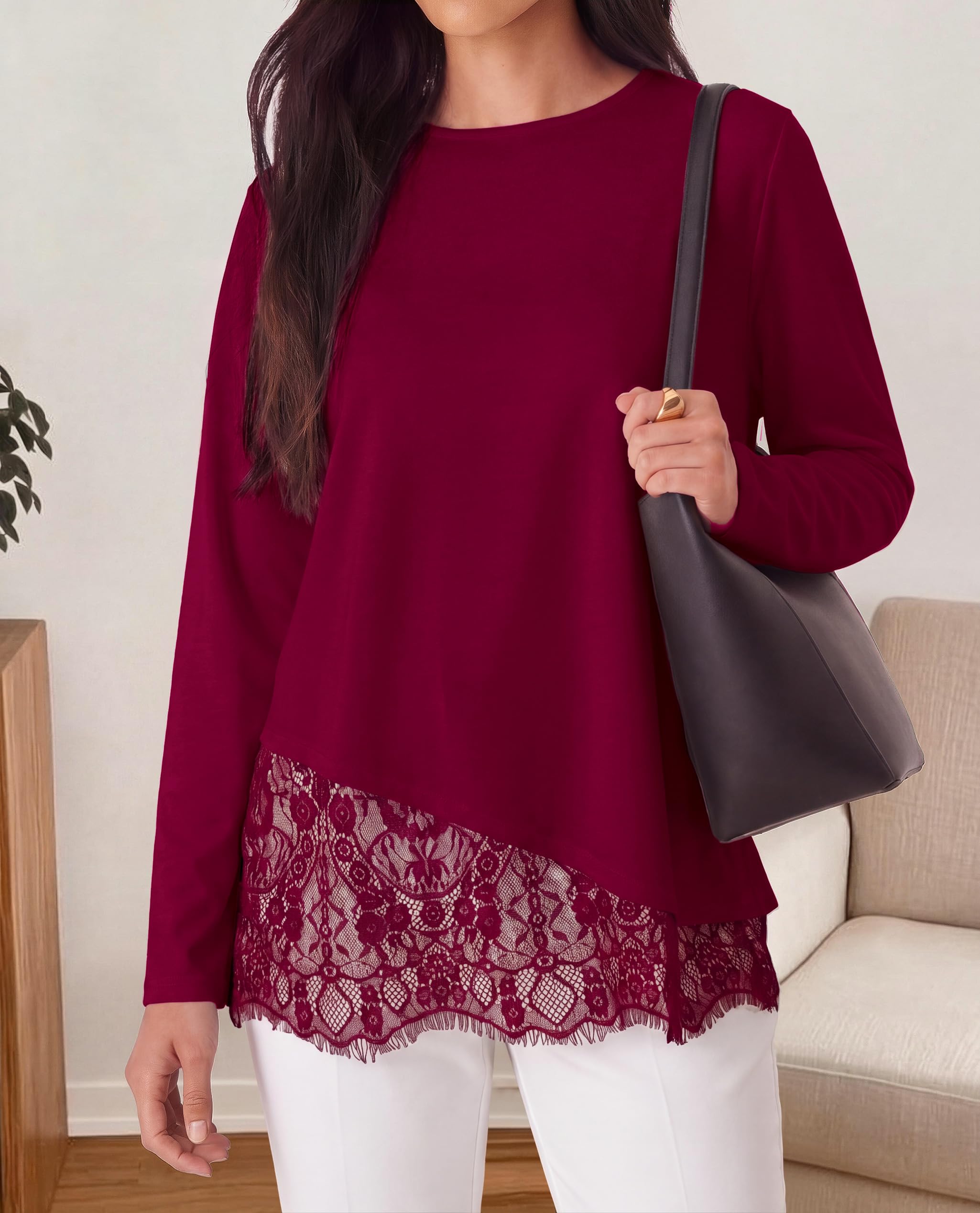Women's Lace Patchwork Long Sleeve Shirts,Wine Red,S