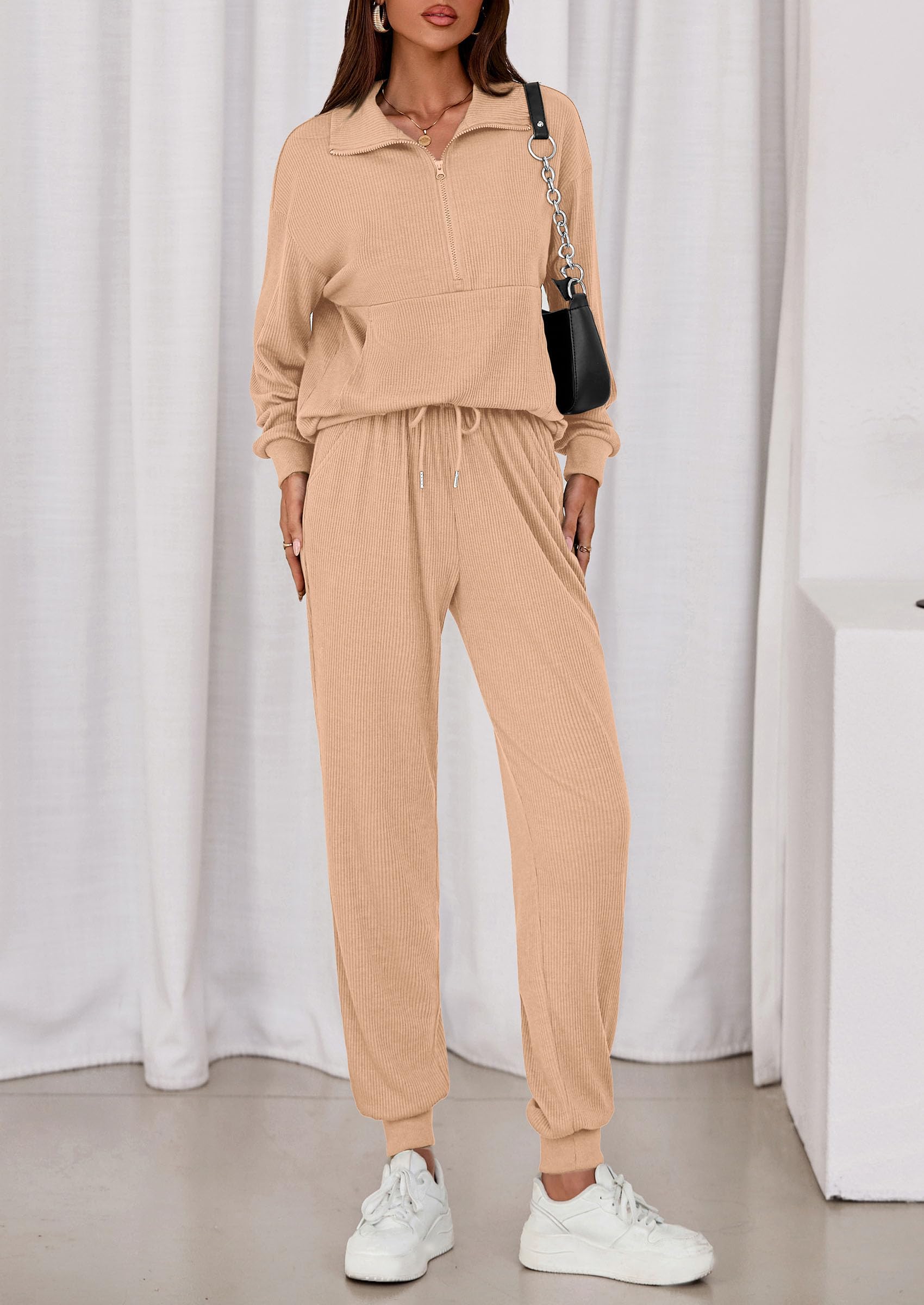 Airport Travel Outfit Women Ribbed Knit Matching Lounge Sets