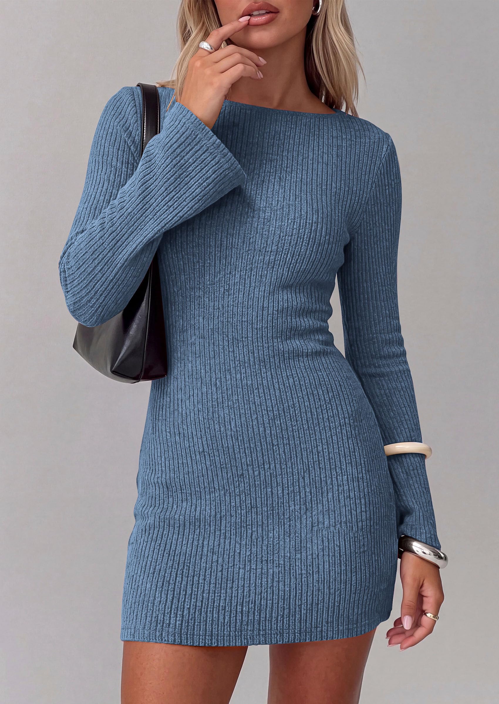 Womens Boat Neck Bell Long Sleeve Mini Sweater Dress Grey Blue