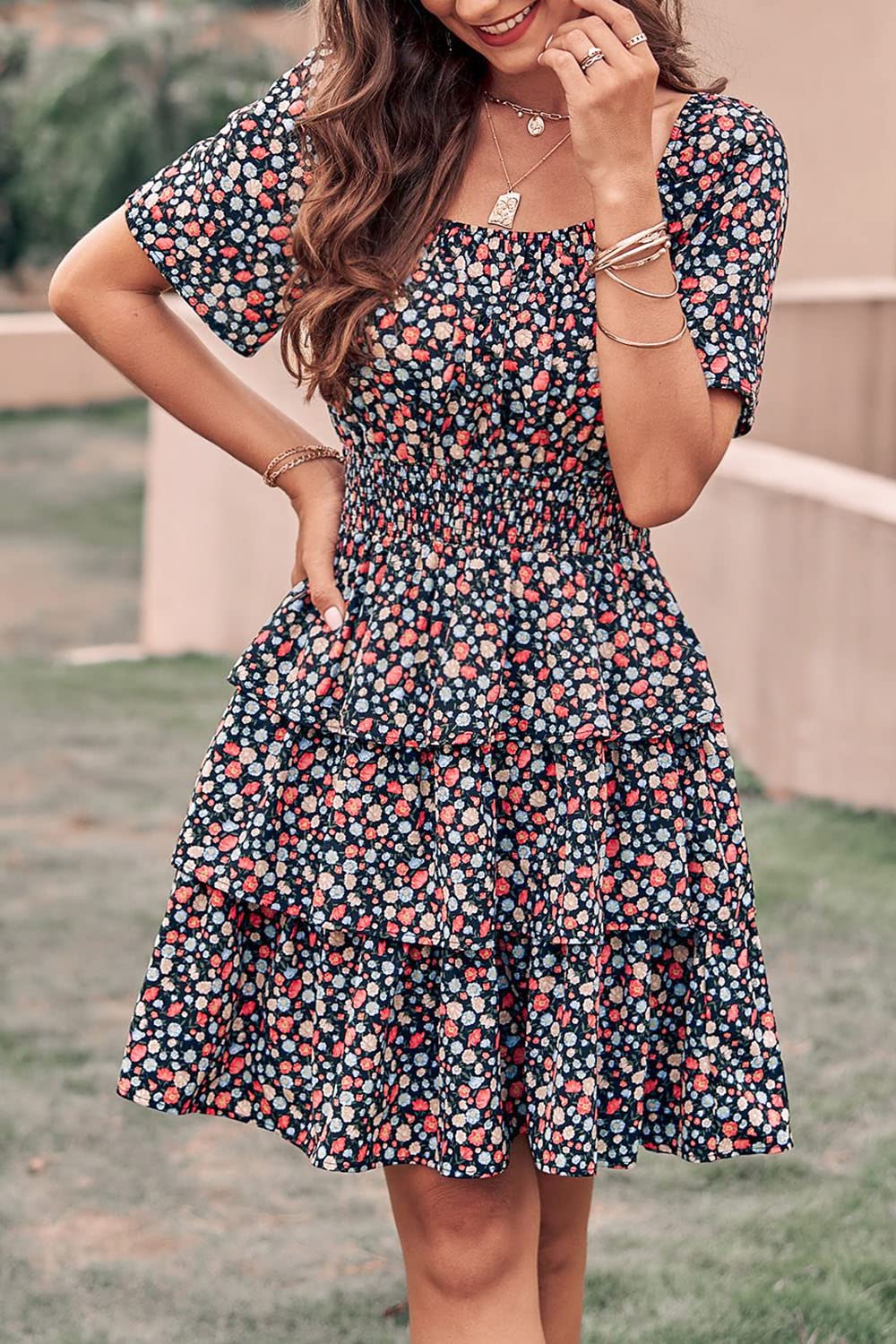 Women's 2025 Floral Summer Short Dress Square Neck Short Sleeve Tiered Ruffle Boho Swing Dresses (Floral Black Red,Small)