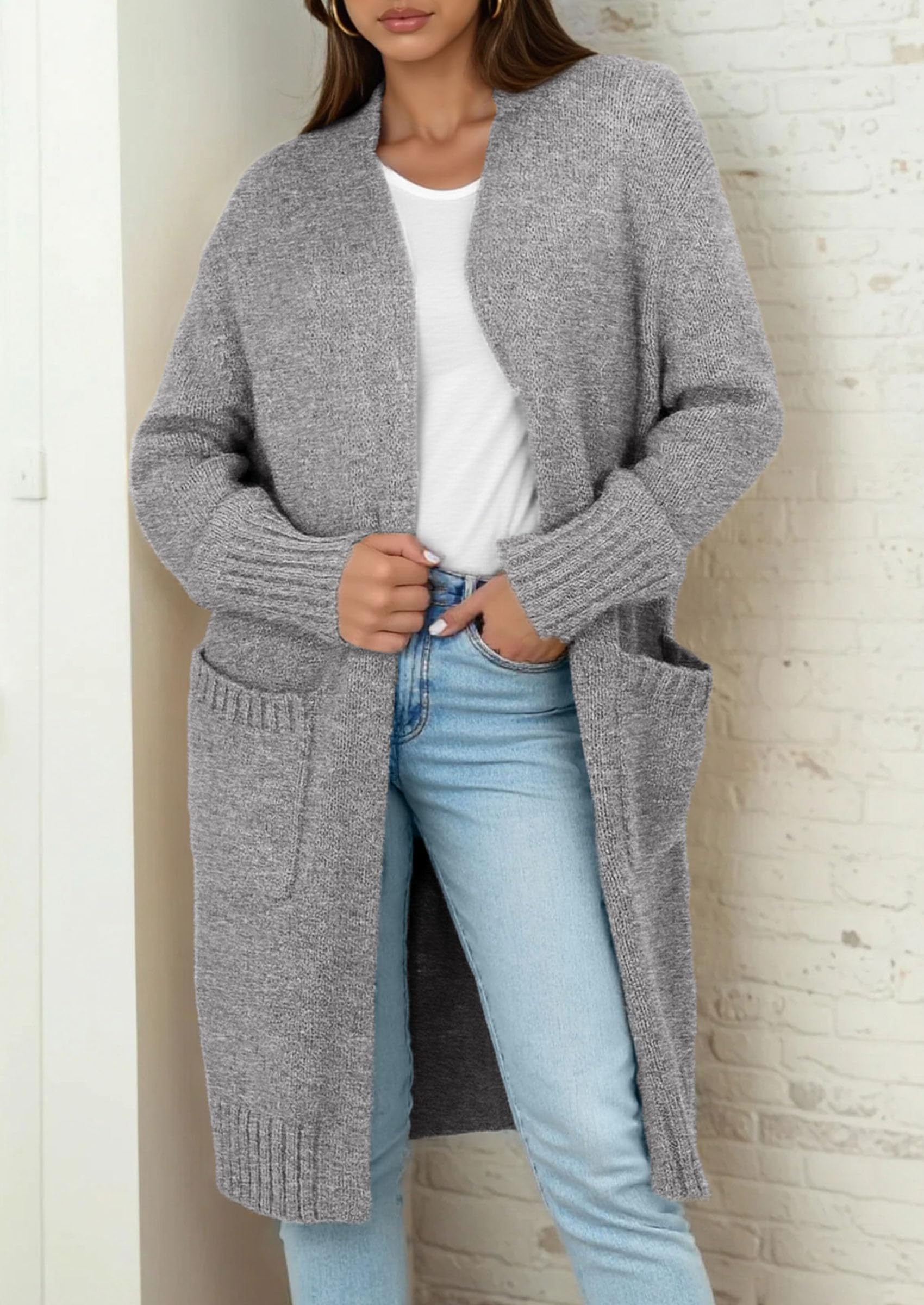 Open Front Cardigan Sweaters for Women,Light Grey,S
