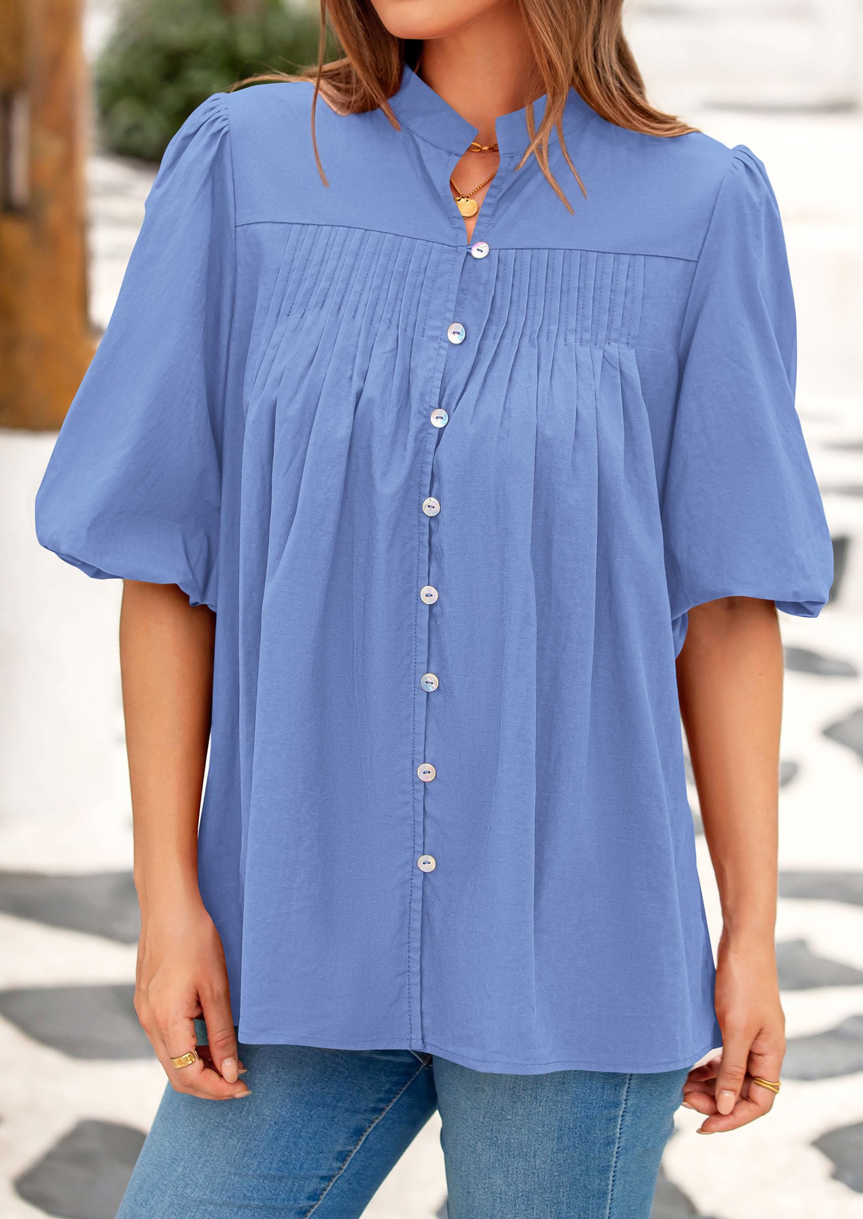 Short Sleeve Henley Shirts for Women,Light Blue,S