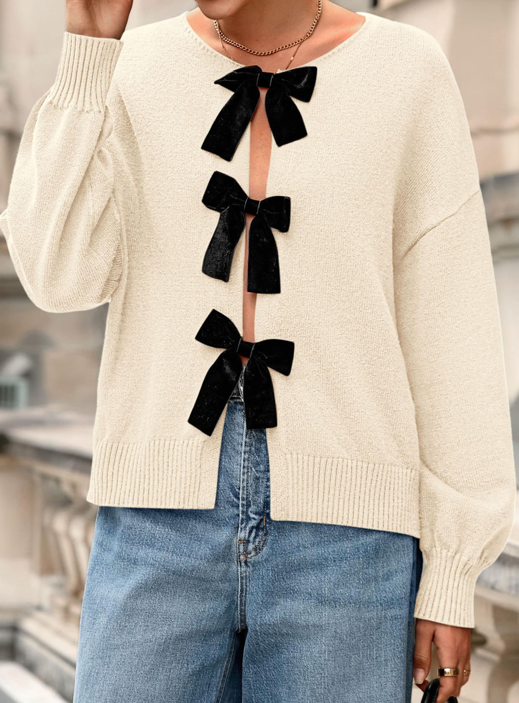 Women's Fall Bow Tie Front Cardigan Sweaters,Beige,S