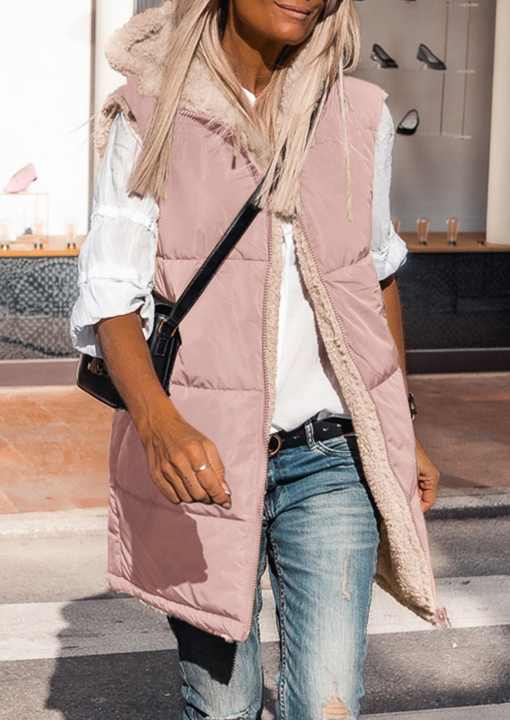 Women's Winter Reversible Fleece Long Vests(Light Pink,S)