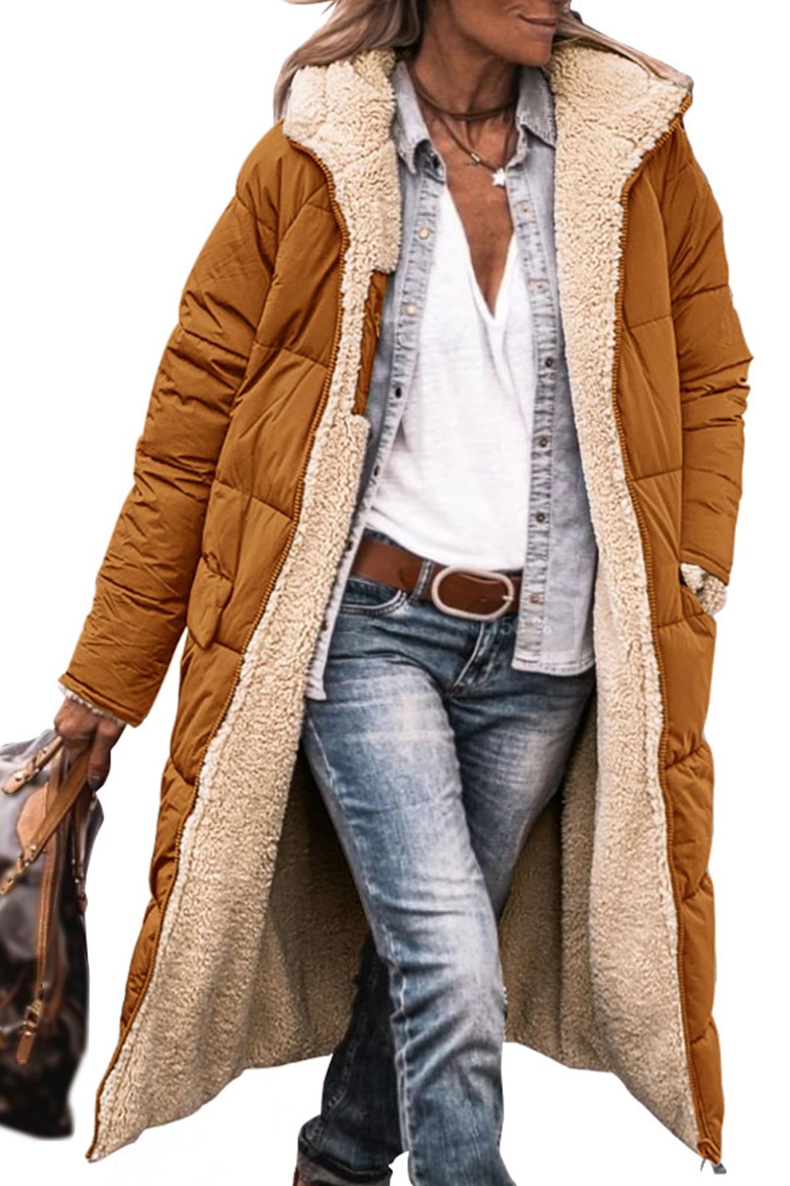 Women's Winter Fleece Warm Long Coats(Brown,Small)