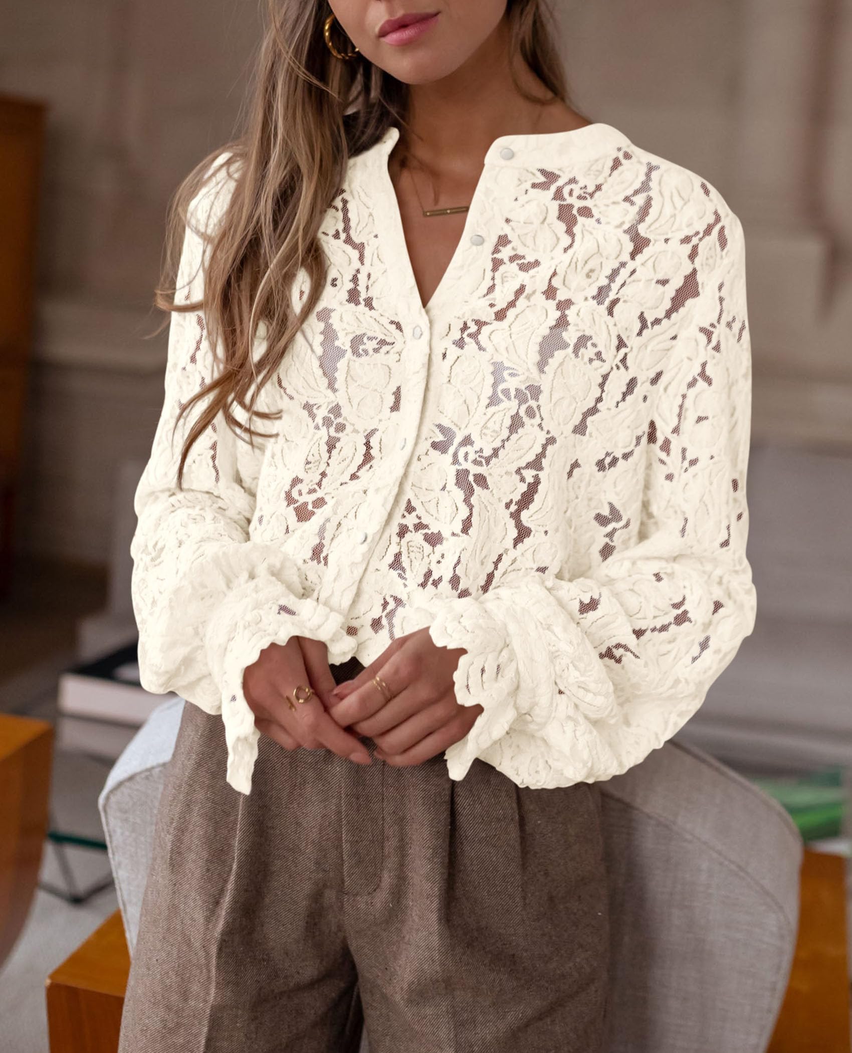 Women's Fall Trendy Long Sleeve Lace Tops(Beige,Medium)