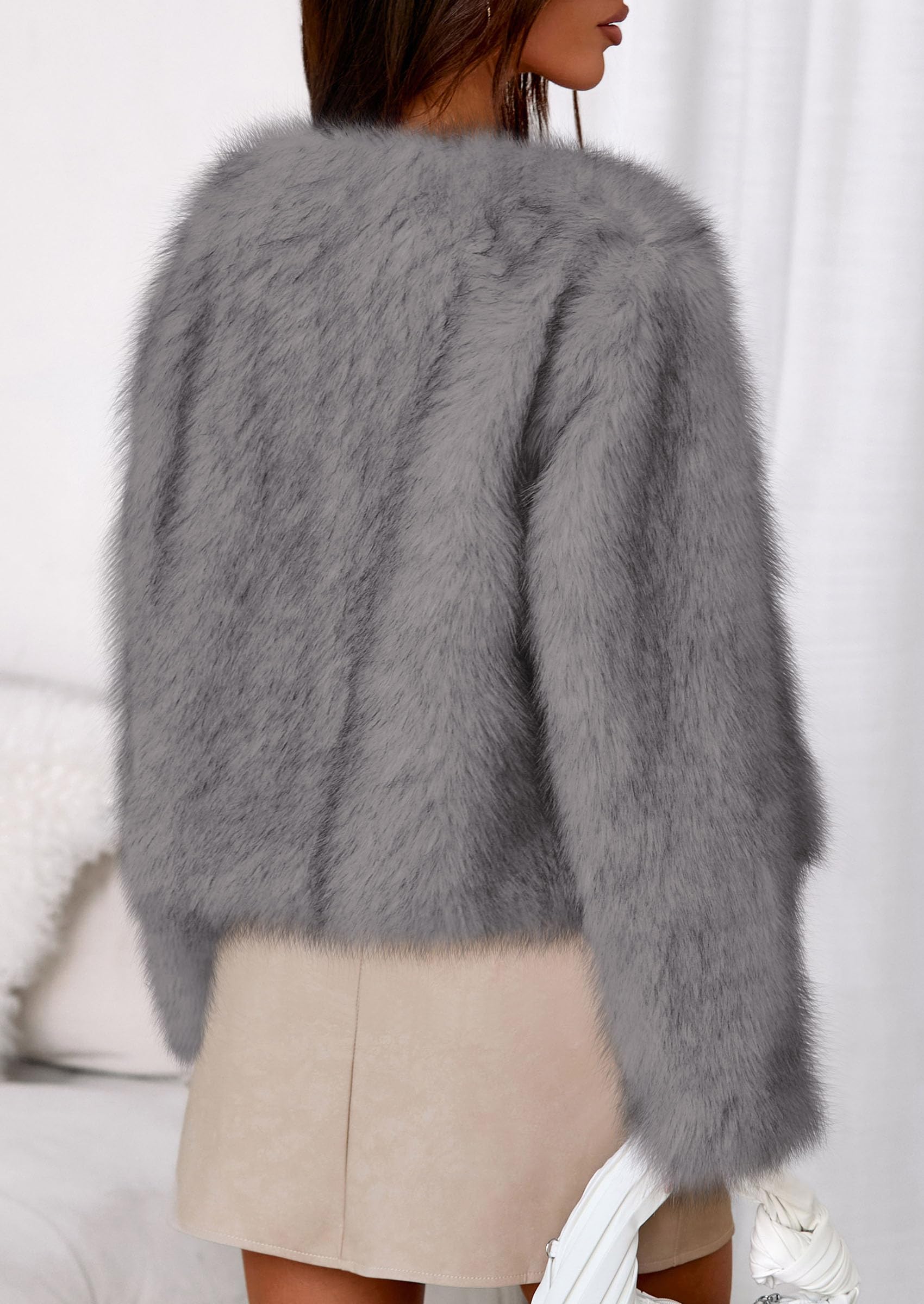 Womens Winter Coats Open Front Faux Fur Jacket,Grey,XXL