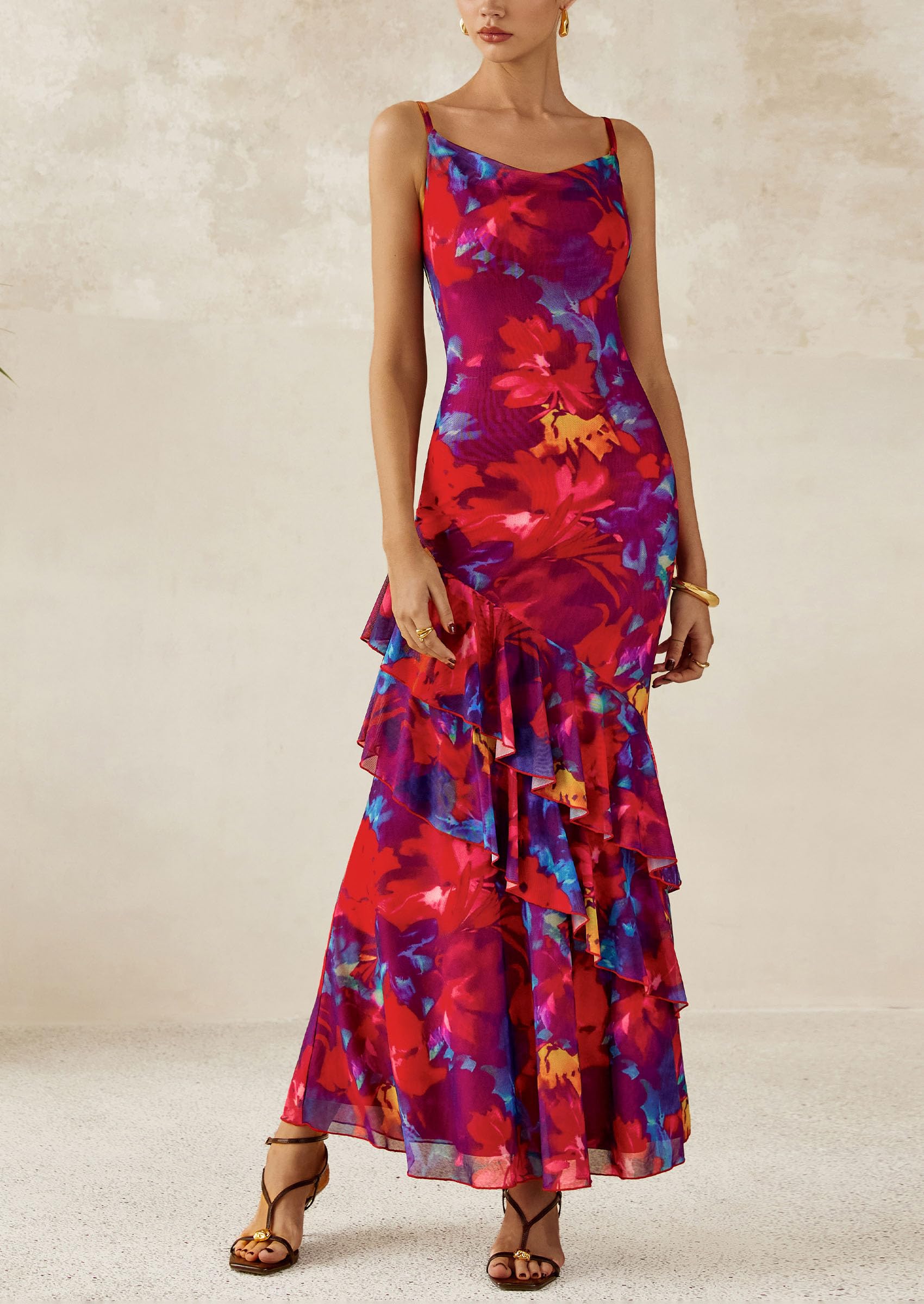 Women's Boho Floral Tiered Maxi Dress, Navy Red Big Floral,XS