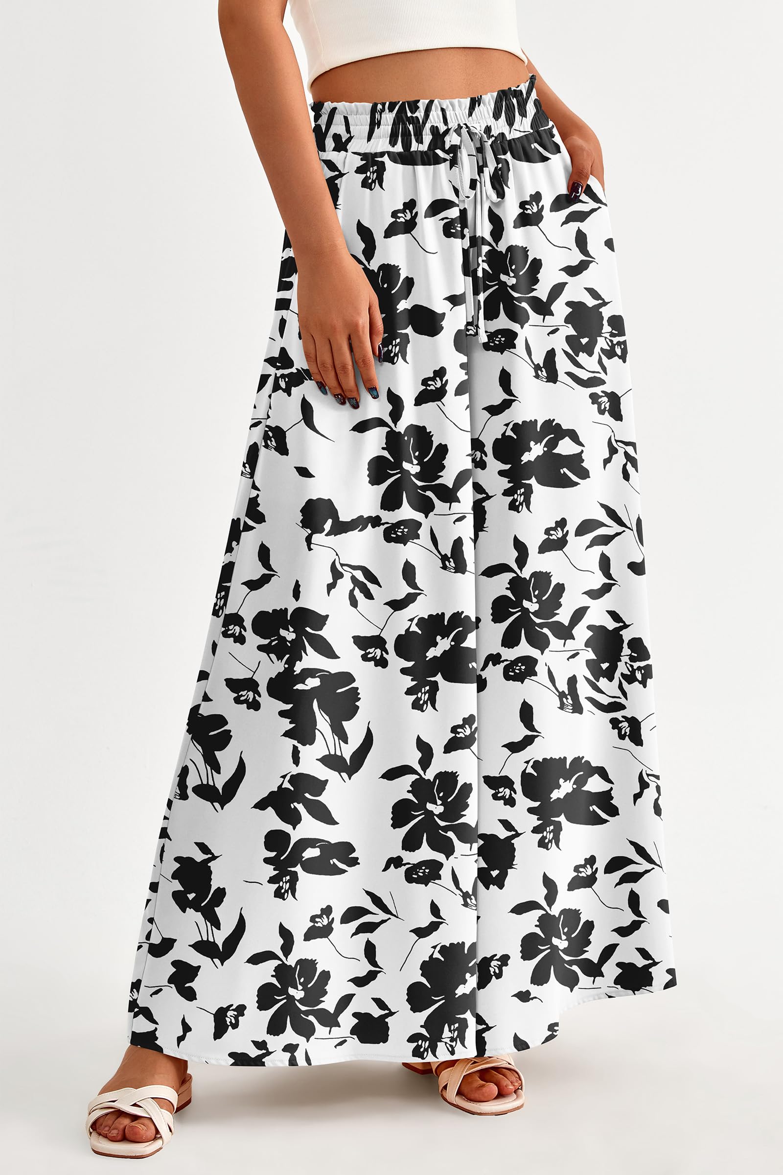 Summer Wide Leg Palazzo Pants for Women Casual,Print Black,S