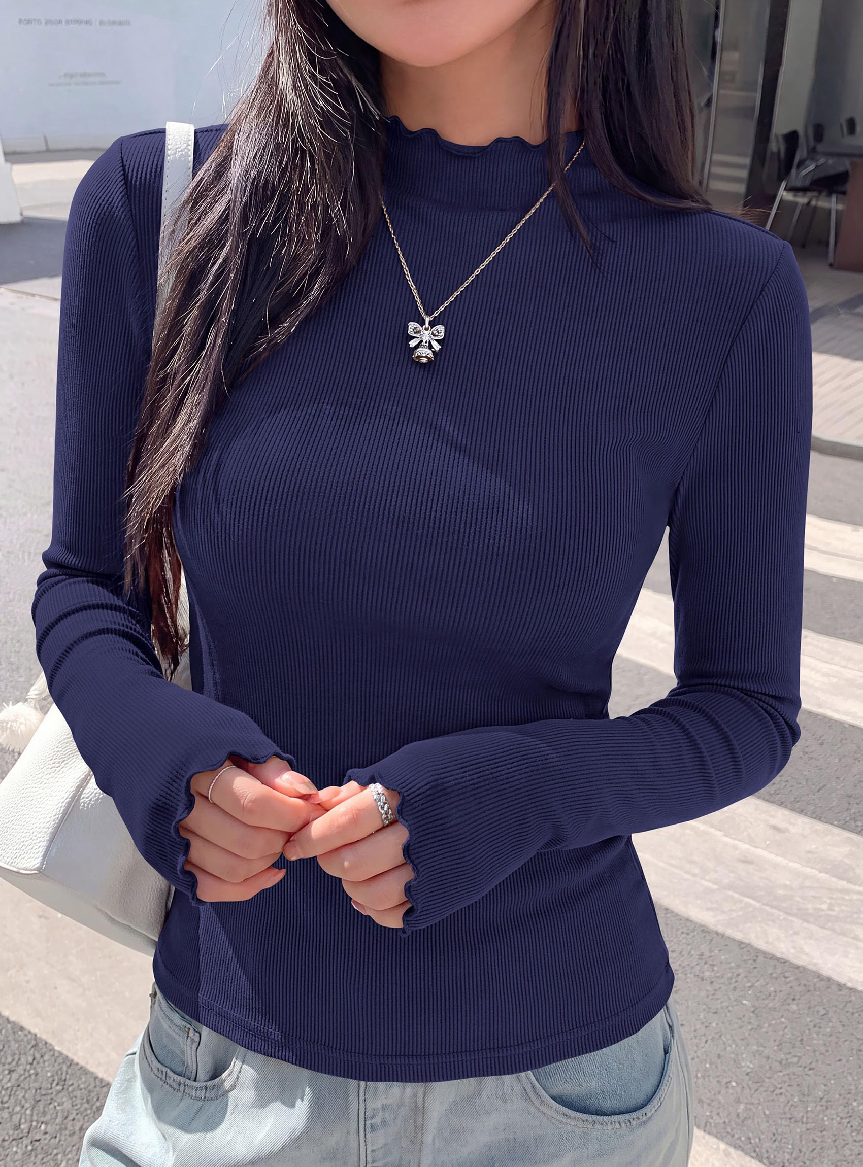 Women's Long Sleeve T Shirts Lettuce Trim Mock Neck Tops