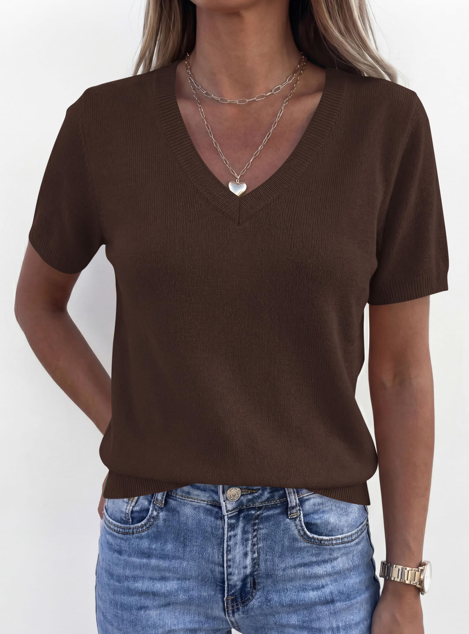 Womens Short Sleeve Sweater V Neck Tops,Brown,S