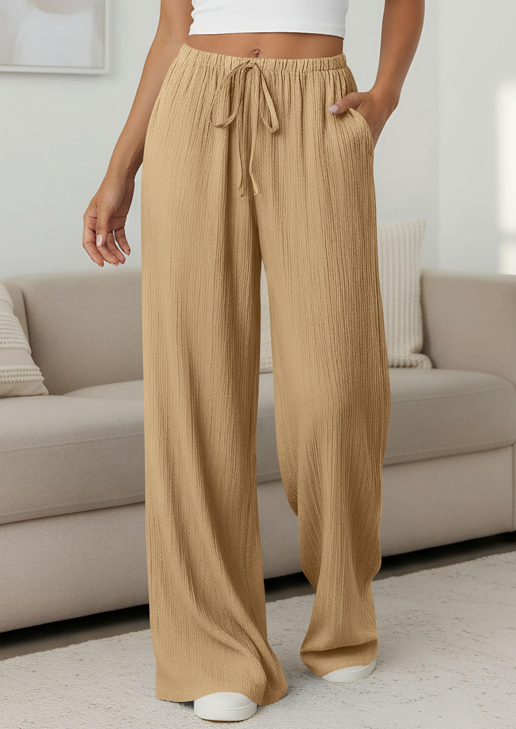 Women's Palazzo Pants Casual Wide Leg Trousers,Khaki,S