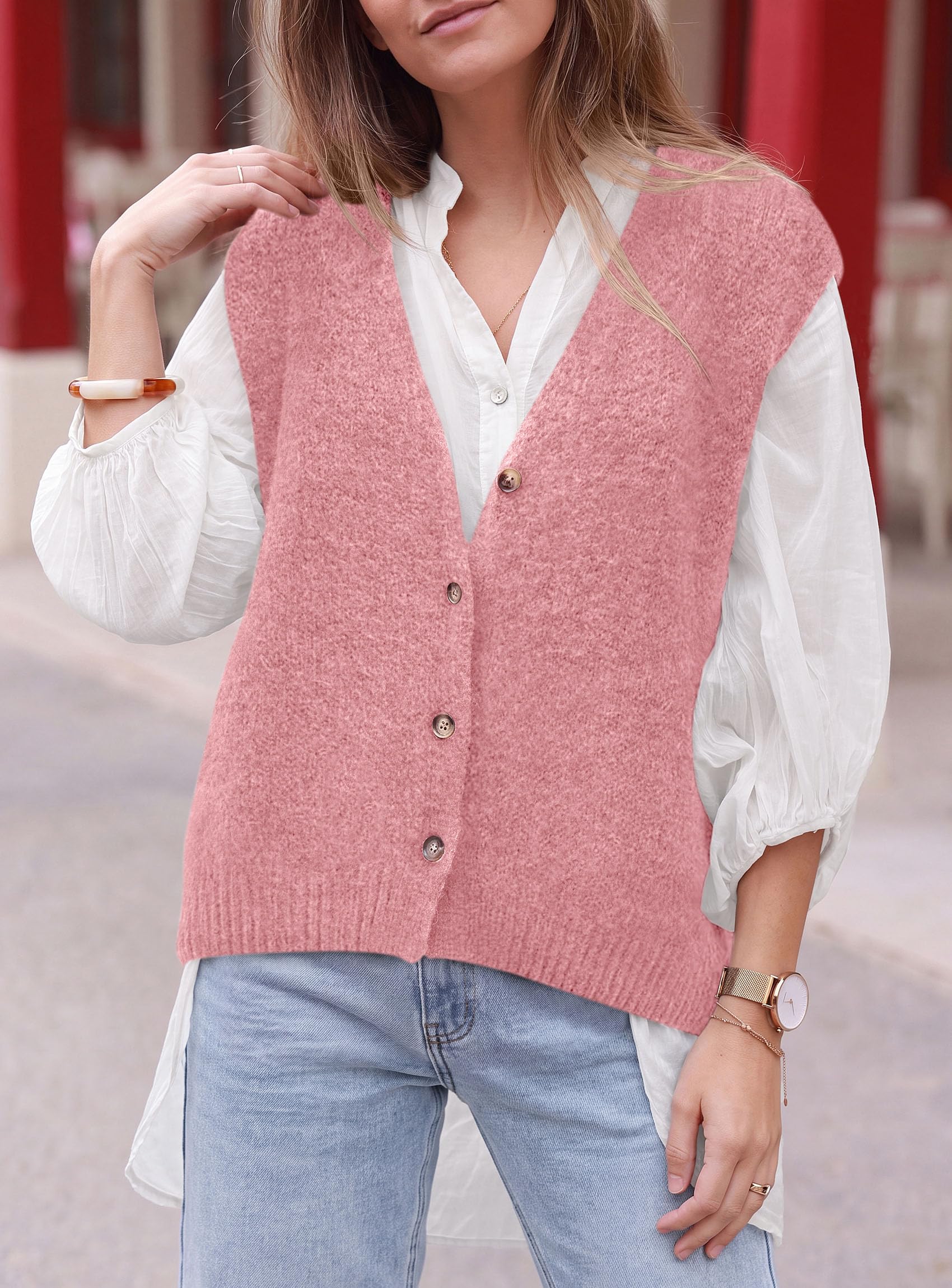 Womens Fall Sleeveless Button Down Sweater Vest,Pink,S