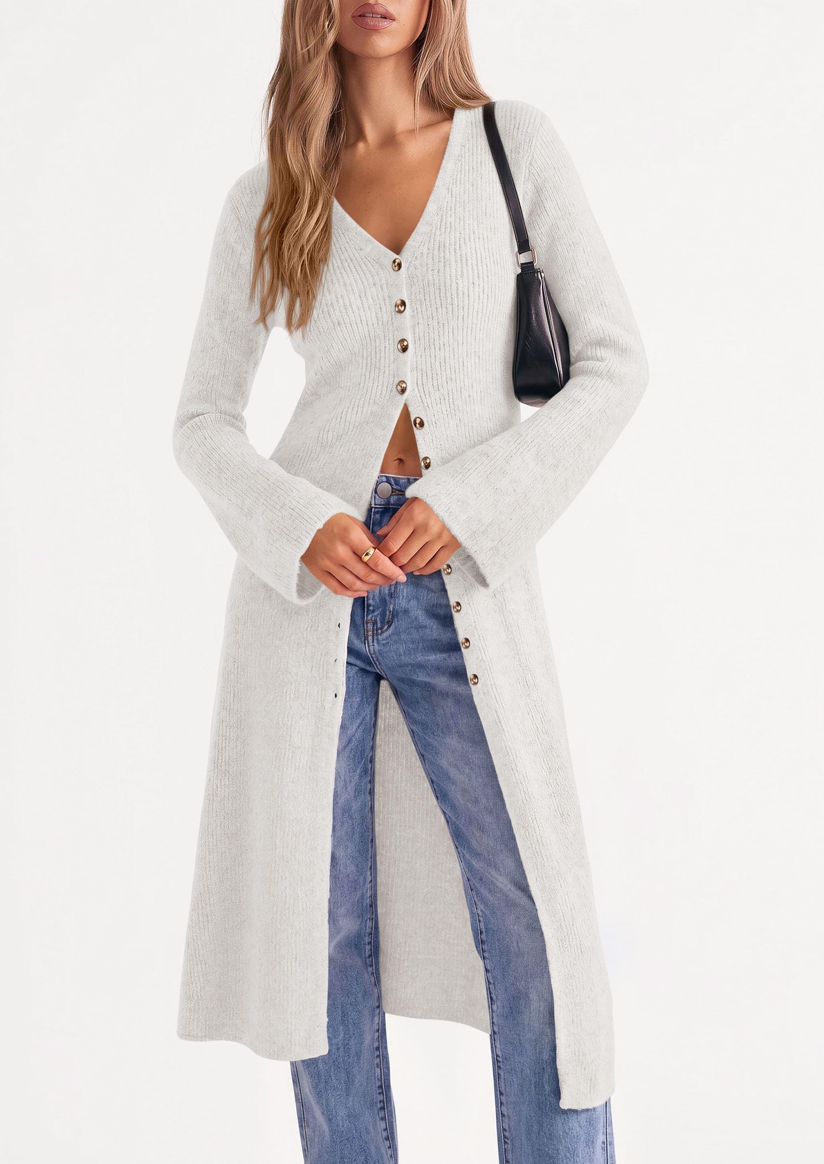 Women Long Cardigan Bell Sleeve Sweater Dress (White,S)