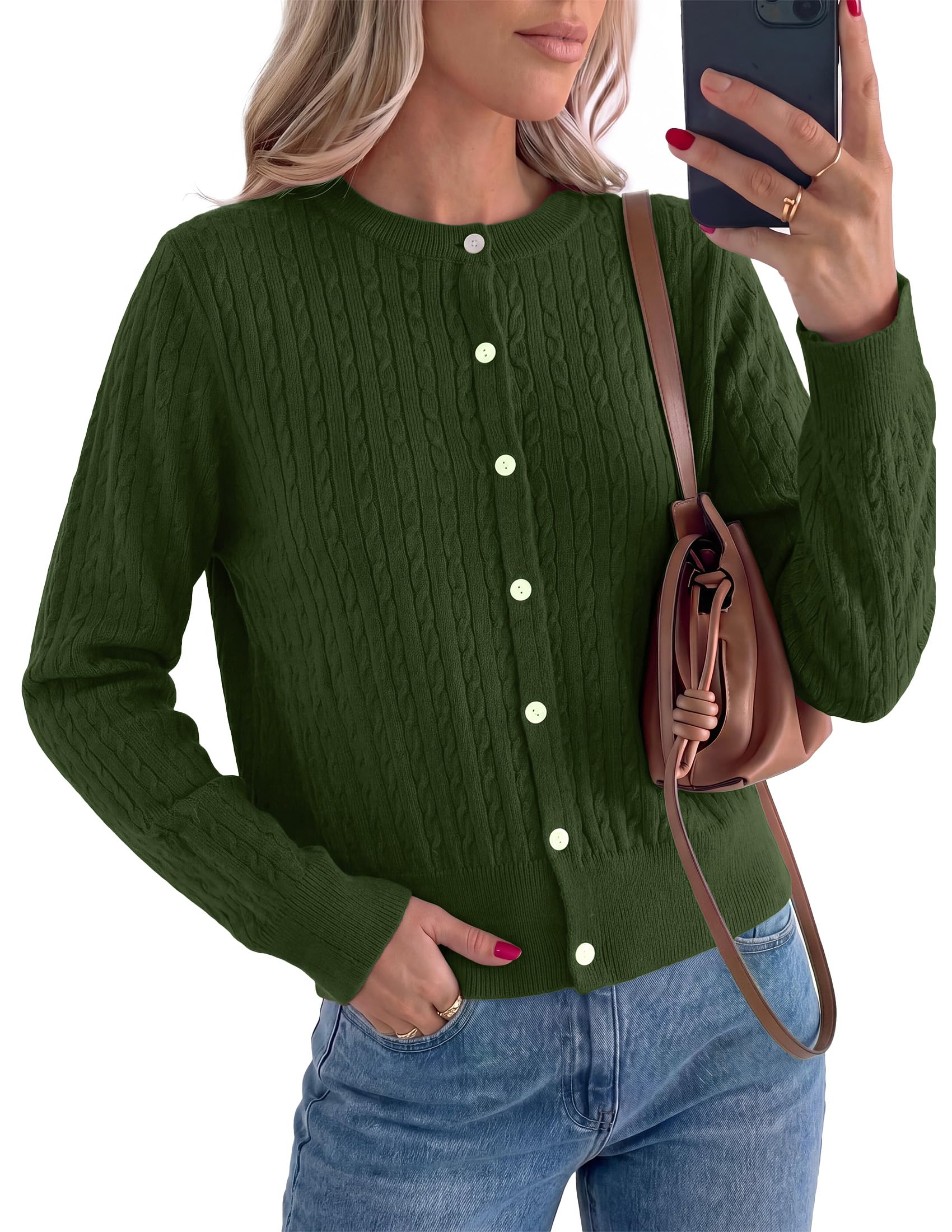 Women Fall Lightweight Cardigans Button Up Cable Knit Sweaters
