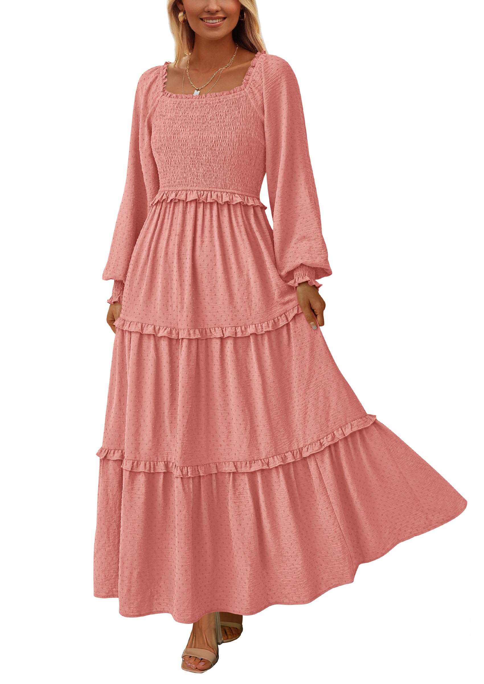 Women's Smocked Long Sleeve Maxi Dress Wedding Guest Dresses
