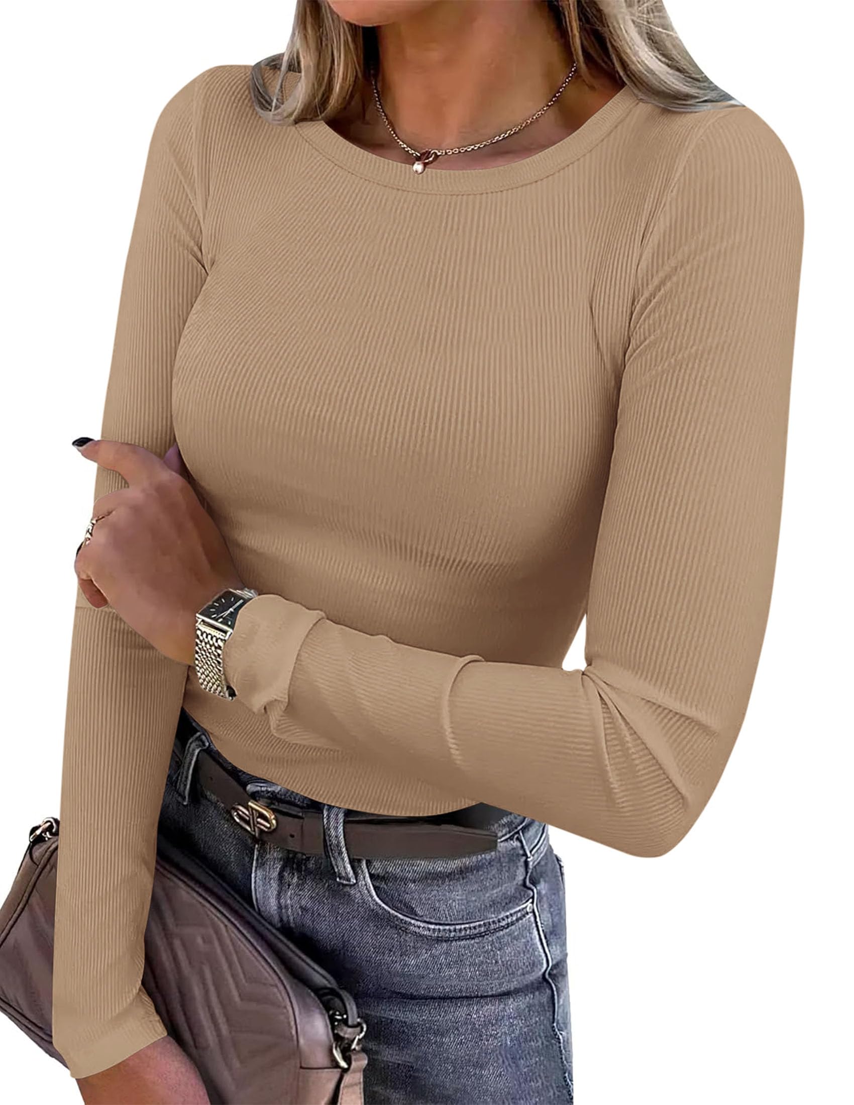 Women's Fall Long Sleeve Shirts Basic Tees (Khaki,XS)