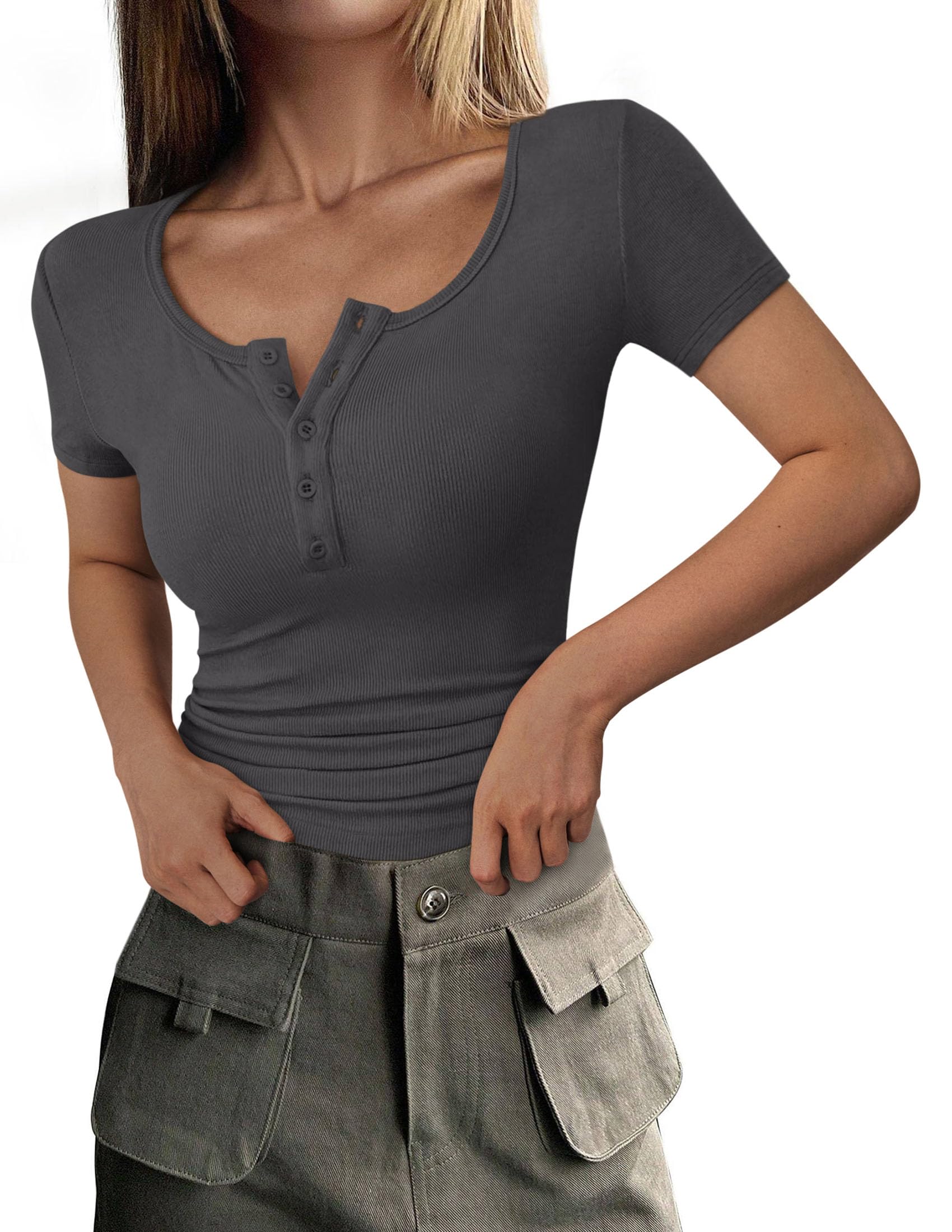 Women's Summer Tops Henley Tee Shirts (Dark Grey,X-Small)