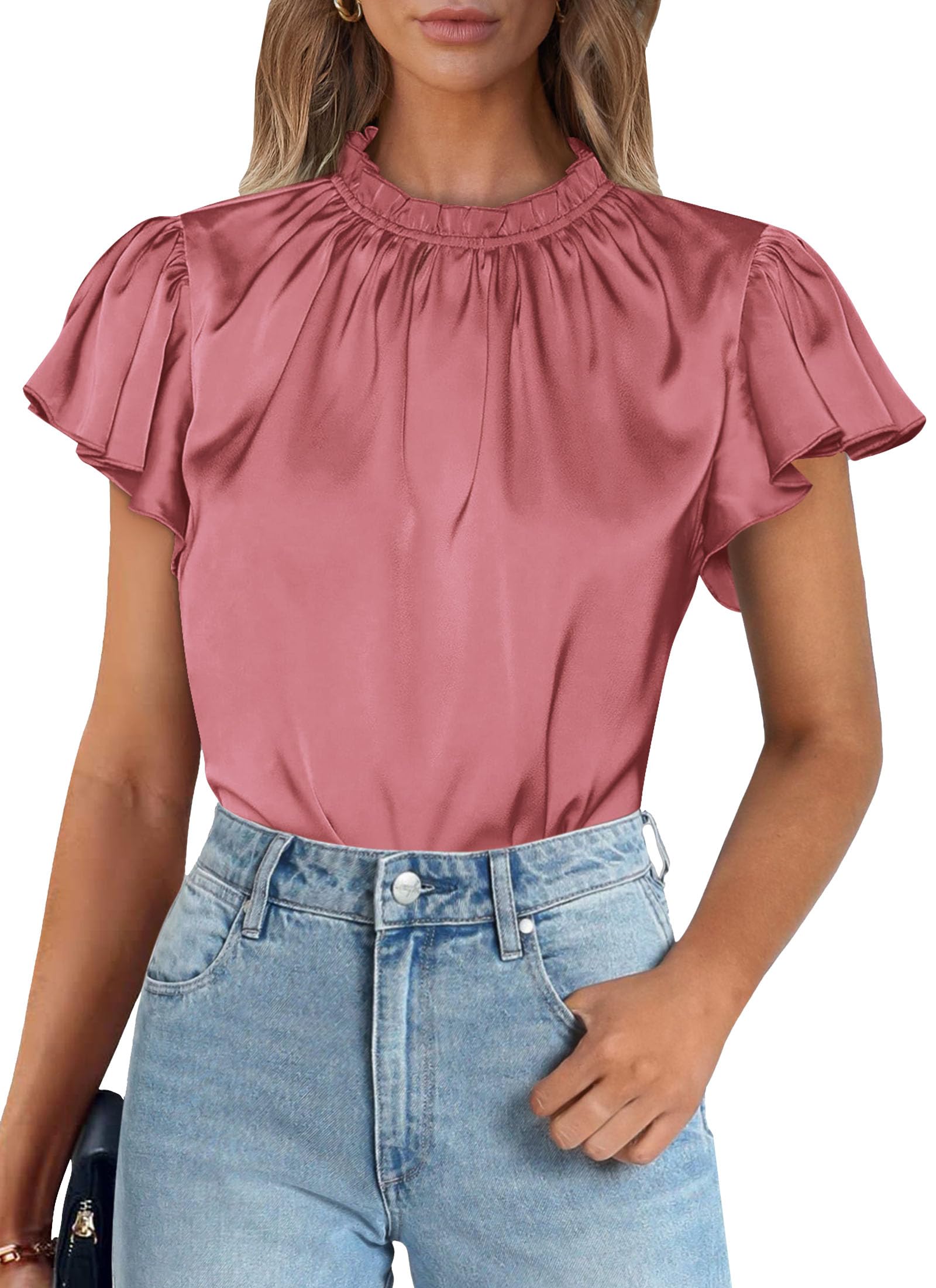 Women's Satin Tops Business Casual Work Blouses, Dusty Pink,S