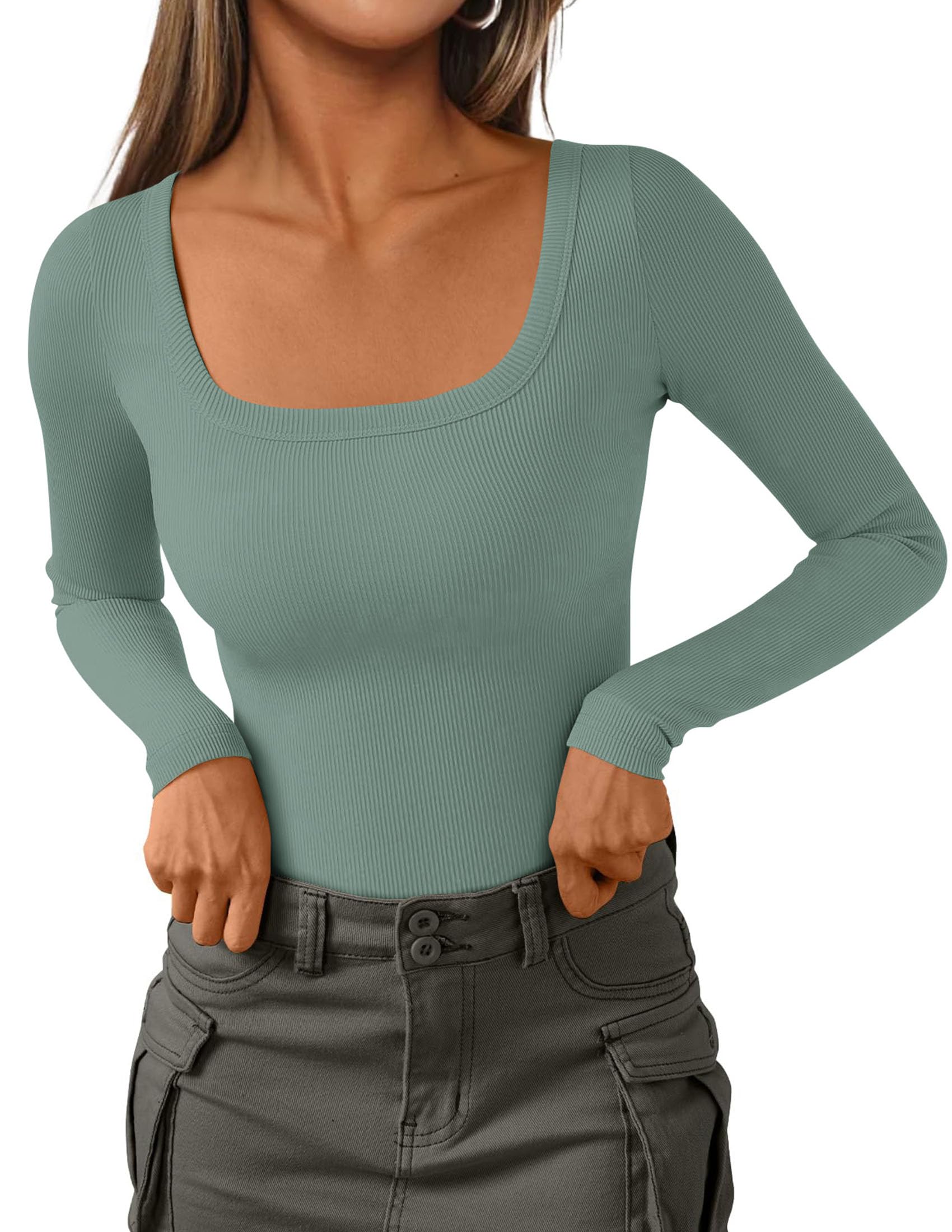 Square Neck Long Sleeve Shirts for Women Sage Green,XS