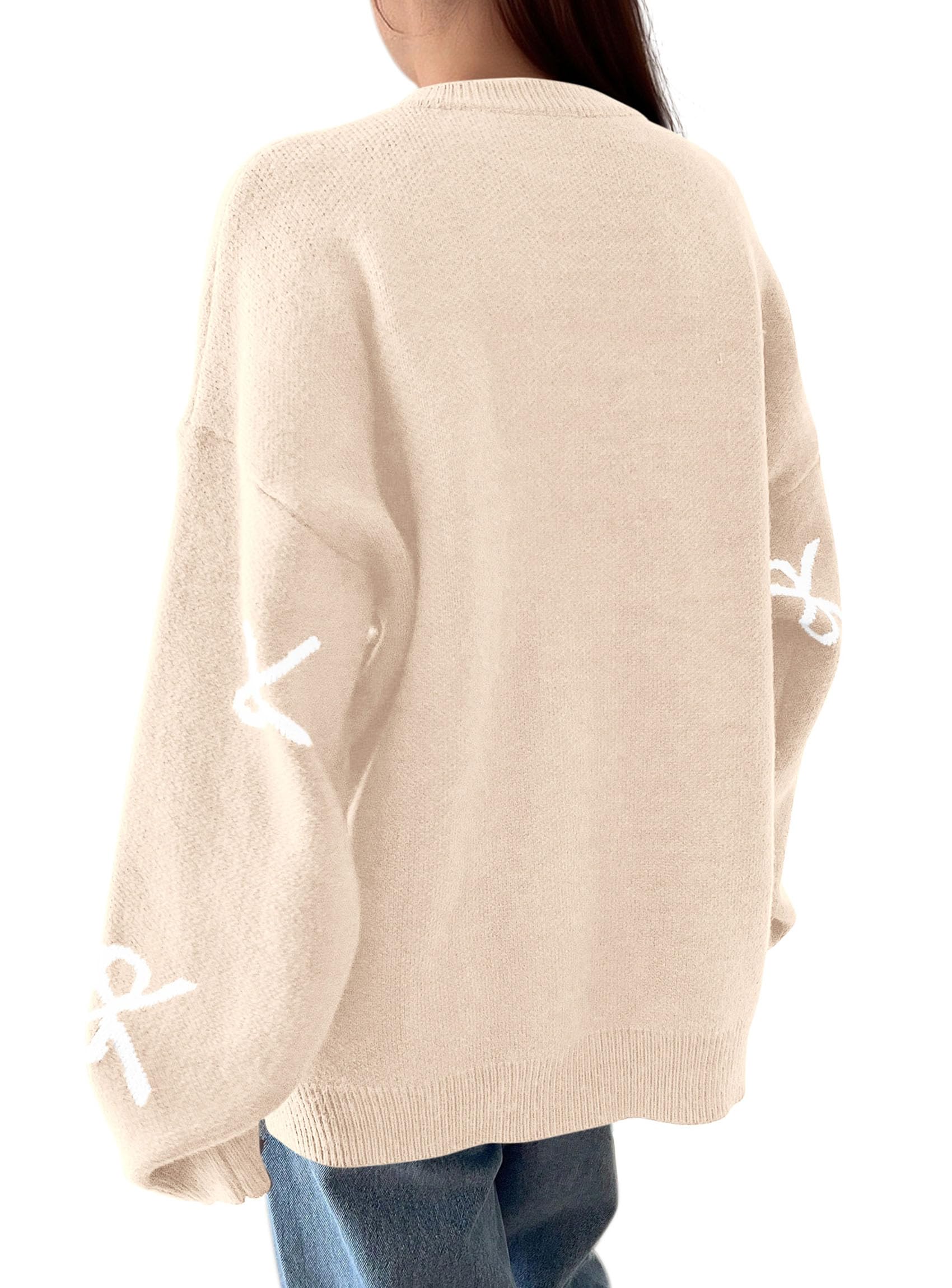Fall Long Sleeve Pullover Sweaters for Women 2026 Trendy Crewneck Casual Cute Bow Chunky Knit Oversized Sweater (Apricot,Small)