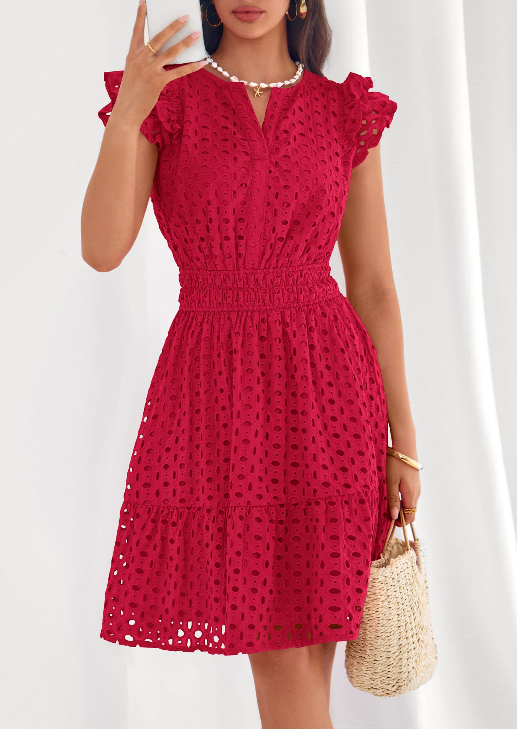 Women's Summer V Neck Eyelet Short Dress (Red,Small)