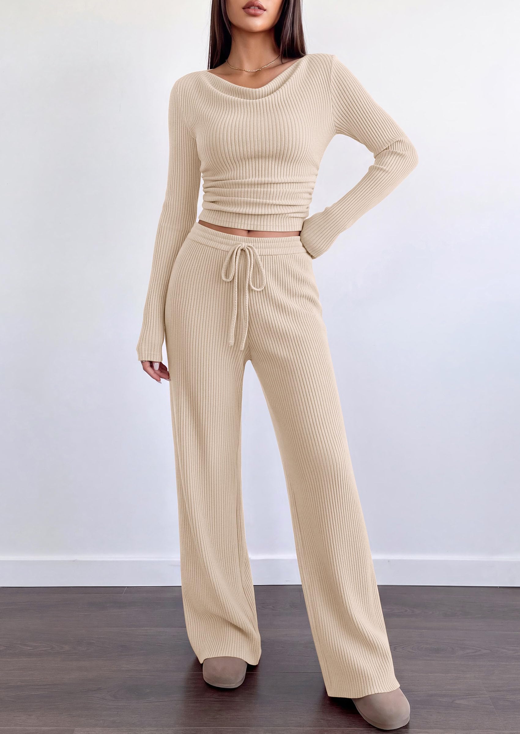 Matching Sets Women Clothing Fall Ribbed 2 Piece Lounge Set