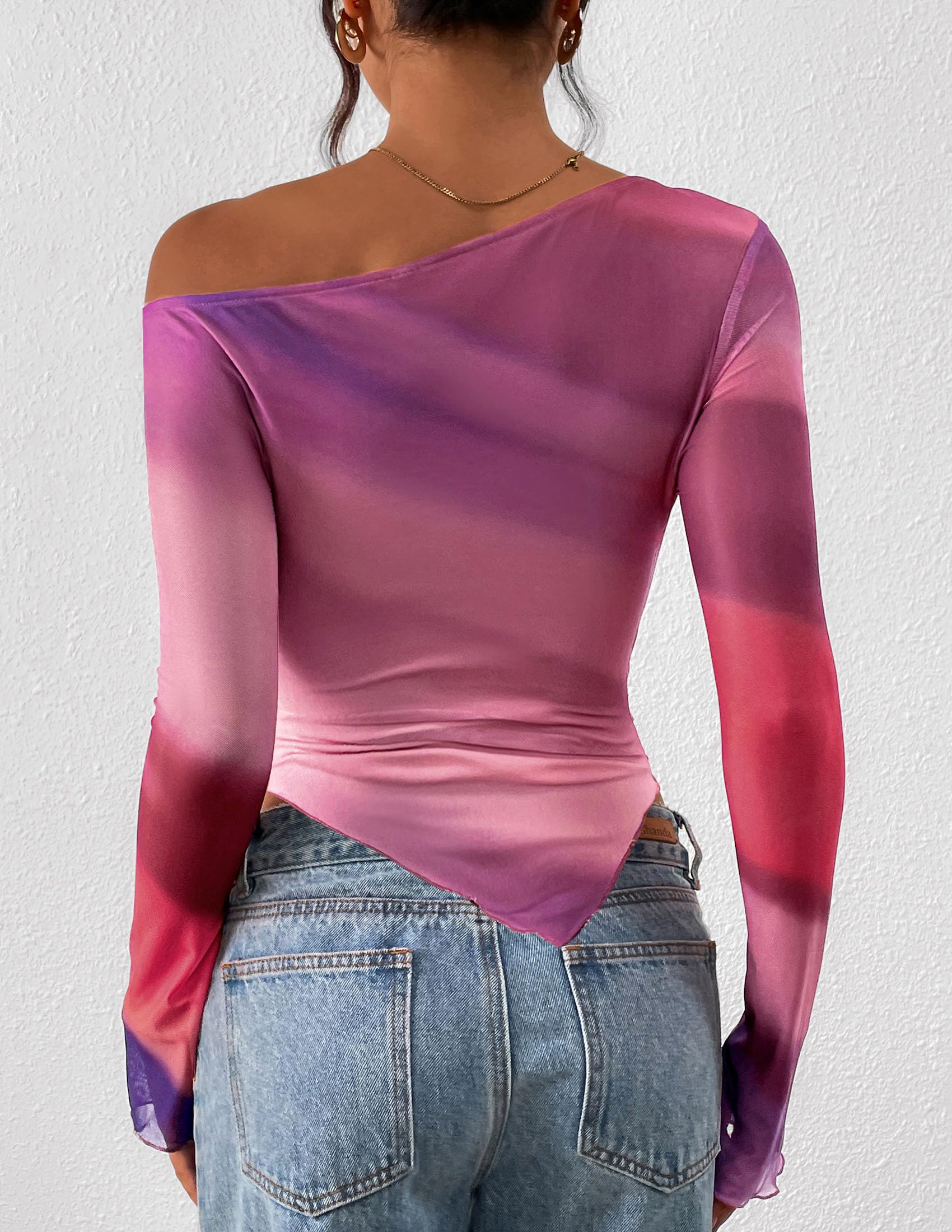 Womens Off Shoulder Mesh Y2k Tops,Multicolour Print,XS