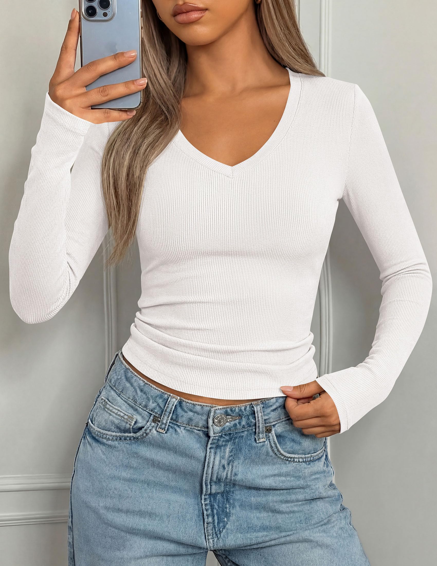 Womens Long Sleeve Ribbed V Neck Knit Shirts(White,S)