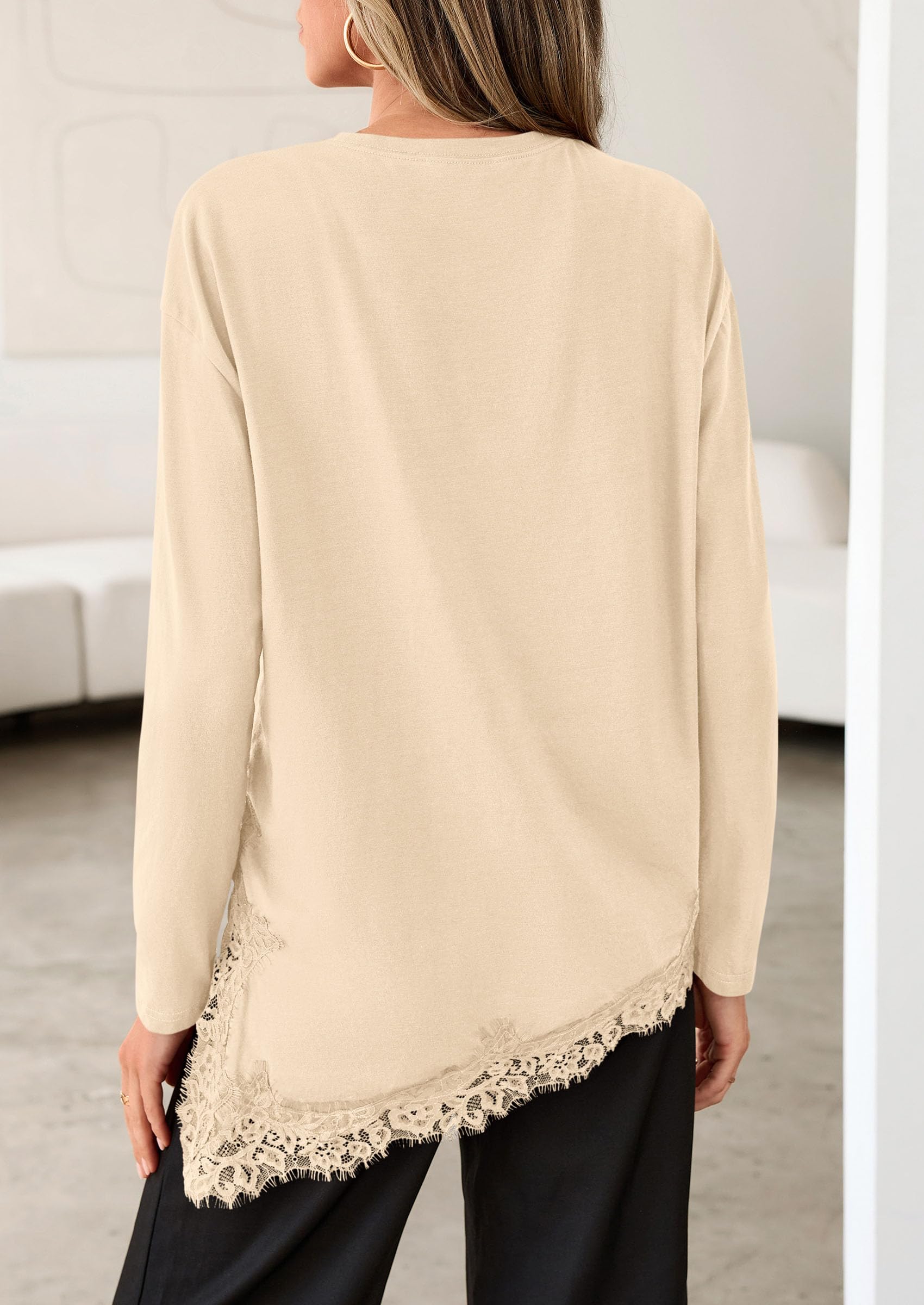 Women's Long Sleeve Asymmetrical Lace Tops Oversized Tshirts