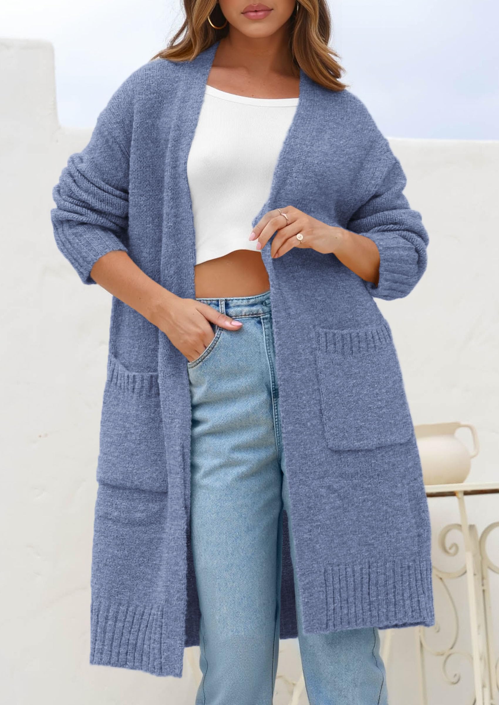 Open Front Cardigan Sweaters for Women,Grey Blue,S