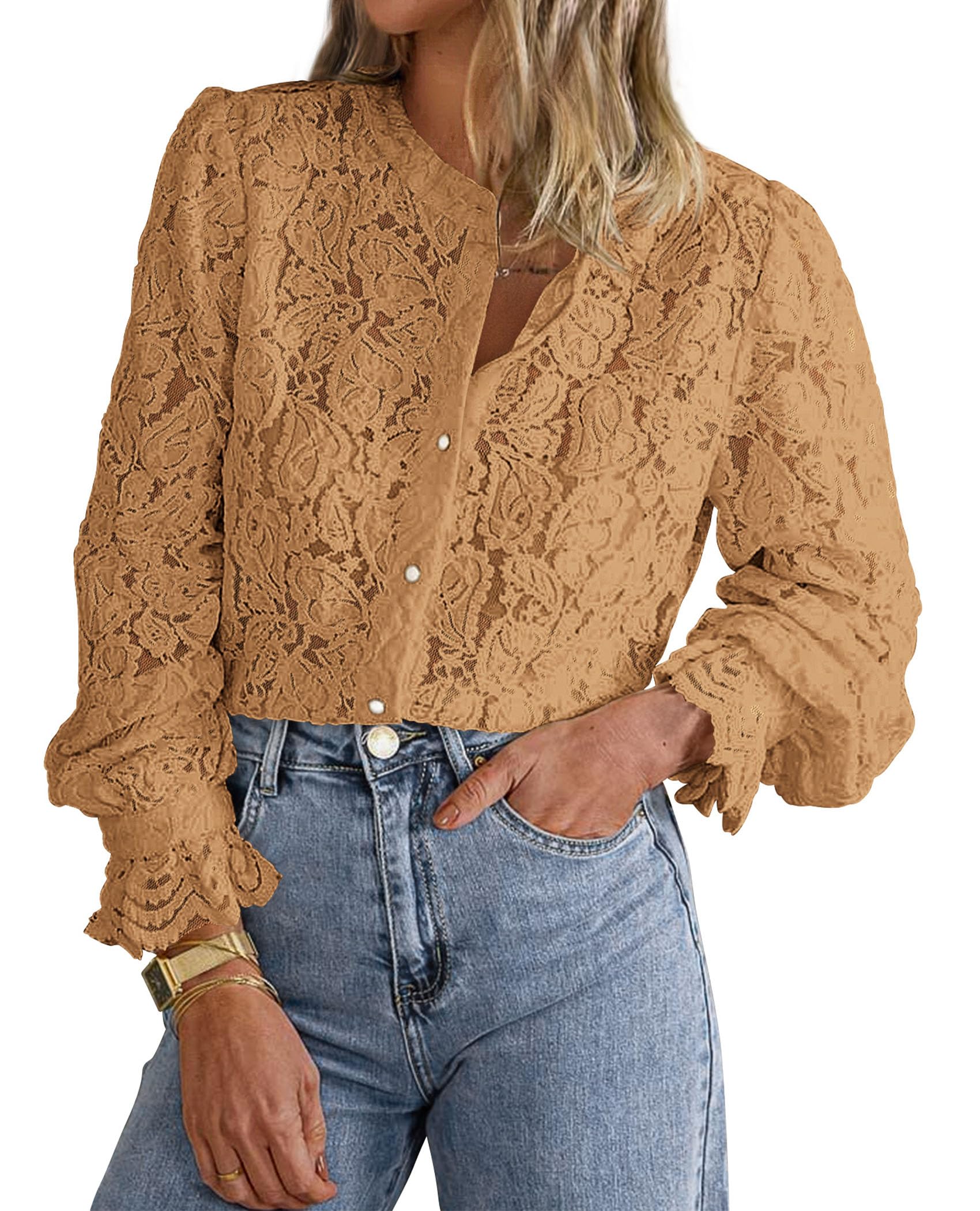 Women's Fall Trendy Long Sleeve Lace Tops(Khaki,Small)