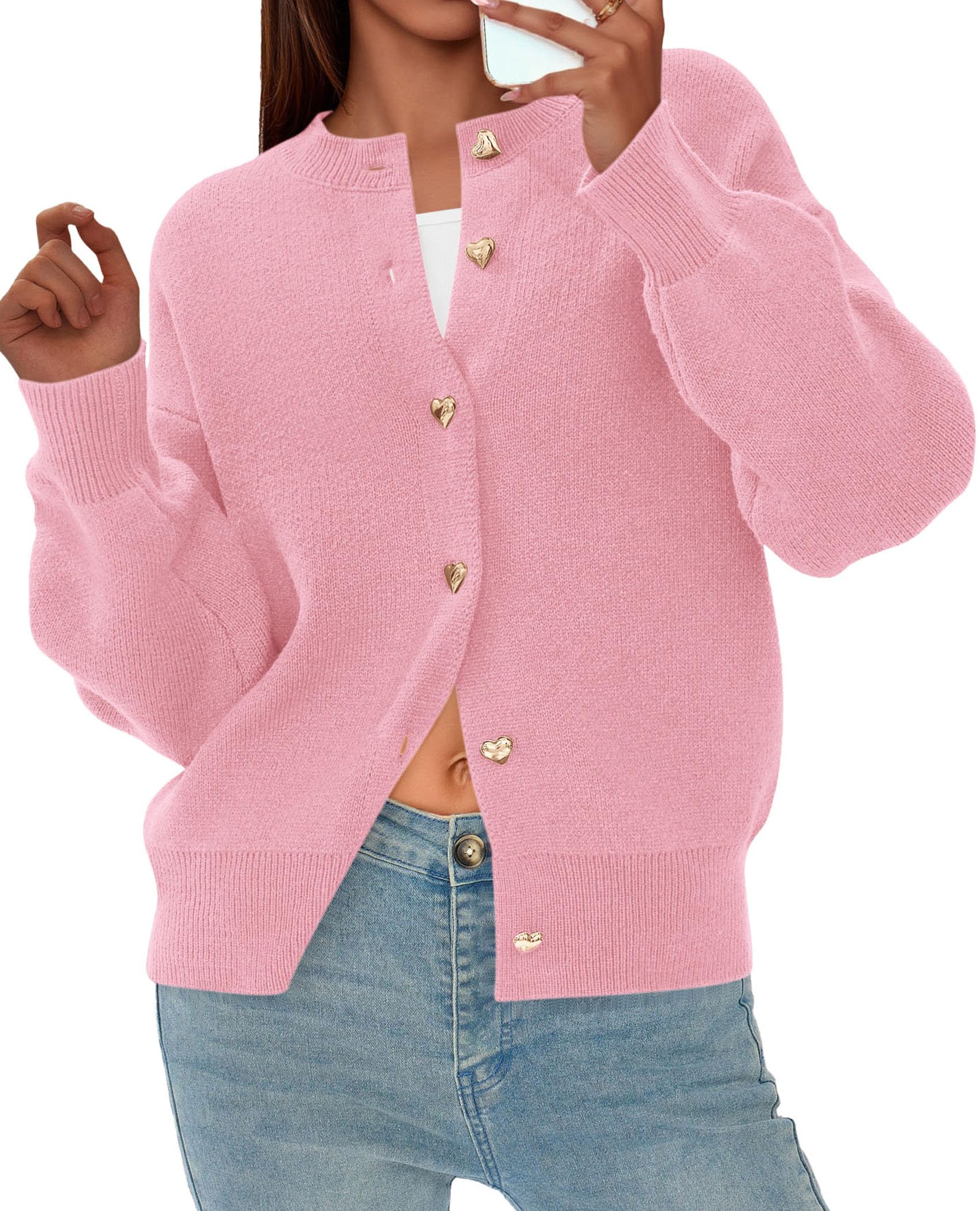Women's Long Sleeve Button Up Cardigan,Pink,L