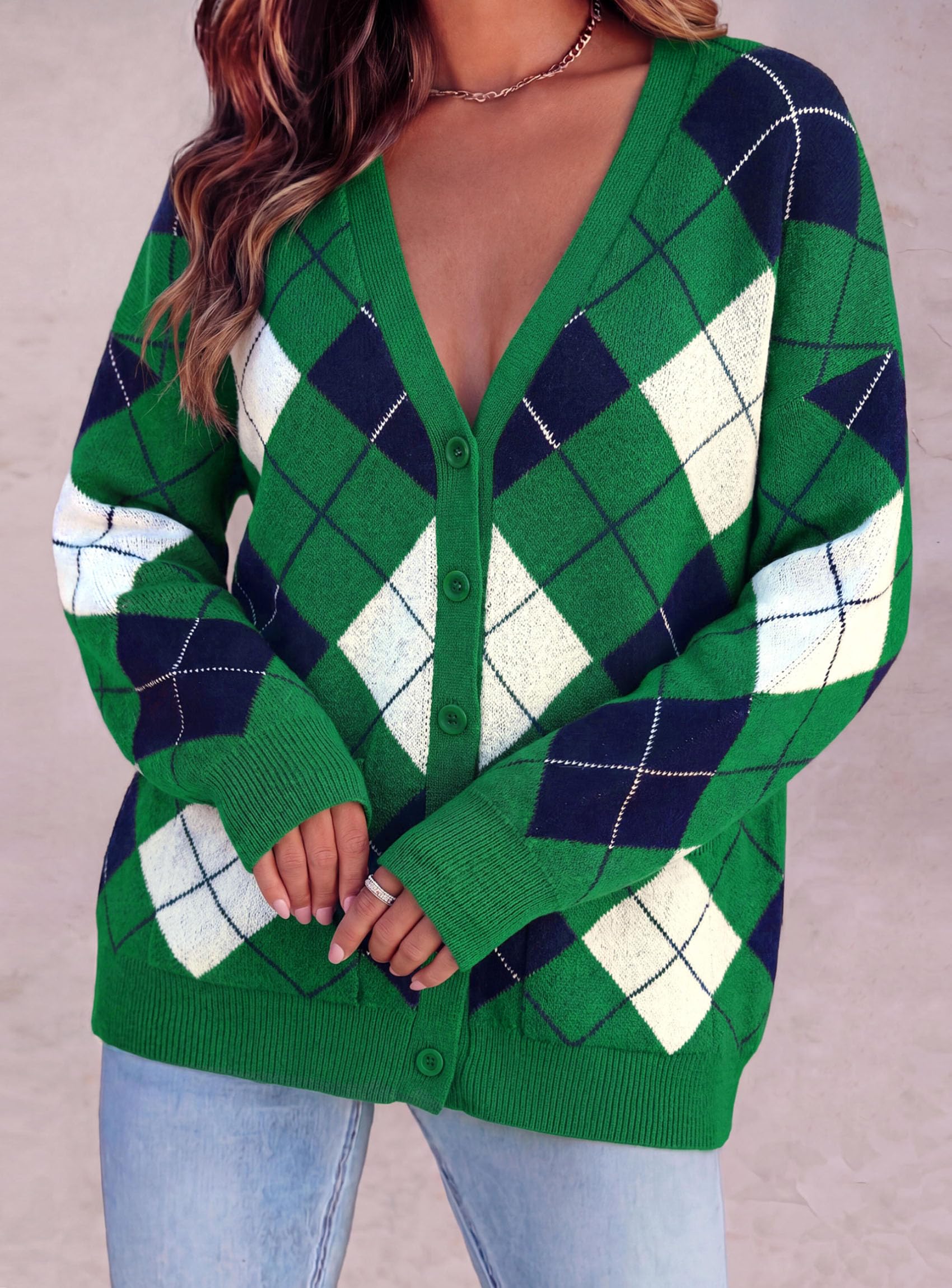 Women's Cardigan Argyle Winter Sweaters (Plaid Green,S)