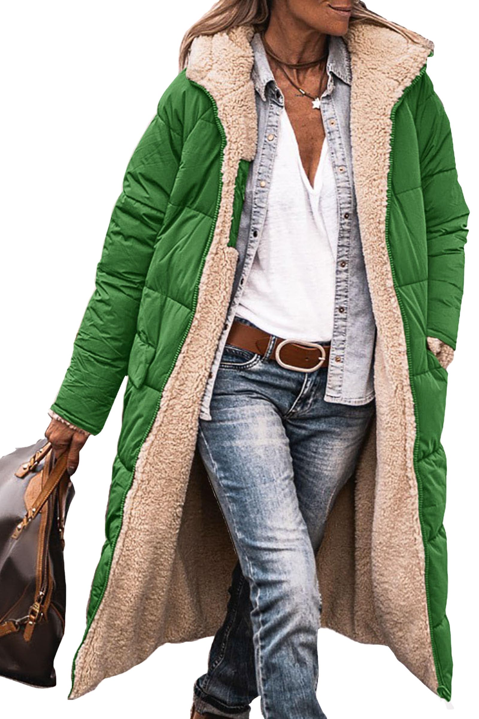 Women's Winter Fleece Warm Long Coats(Green,Large)