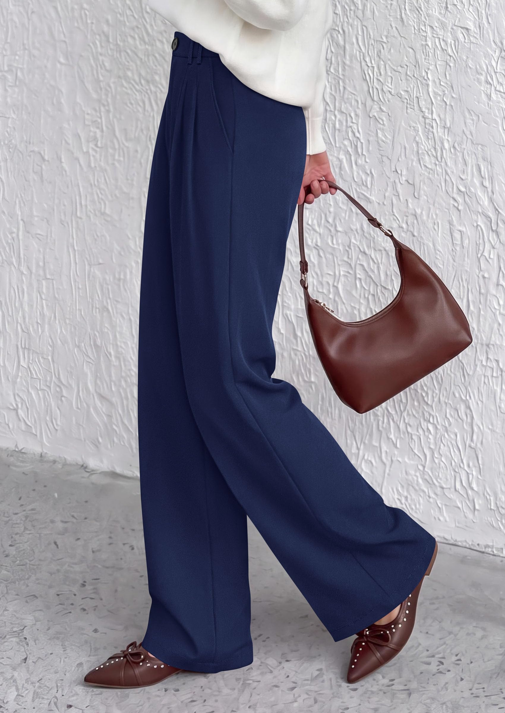 Women's Dress Pants Wide Leg Flowy Trousers,Navy Blue,S