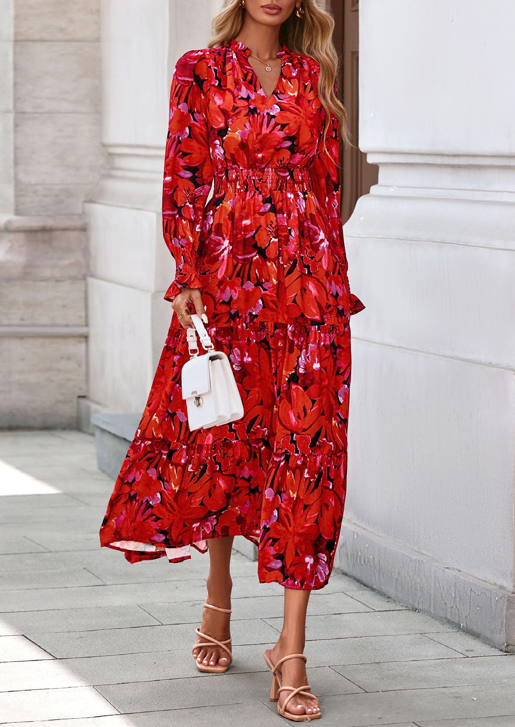 Women's Floral Maxi Dress Fall A Line Wedding Guest Dresses