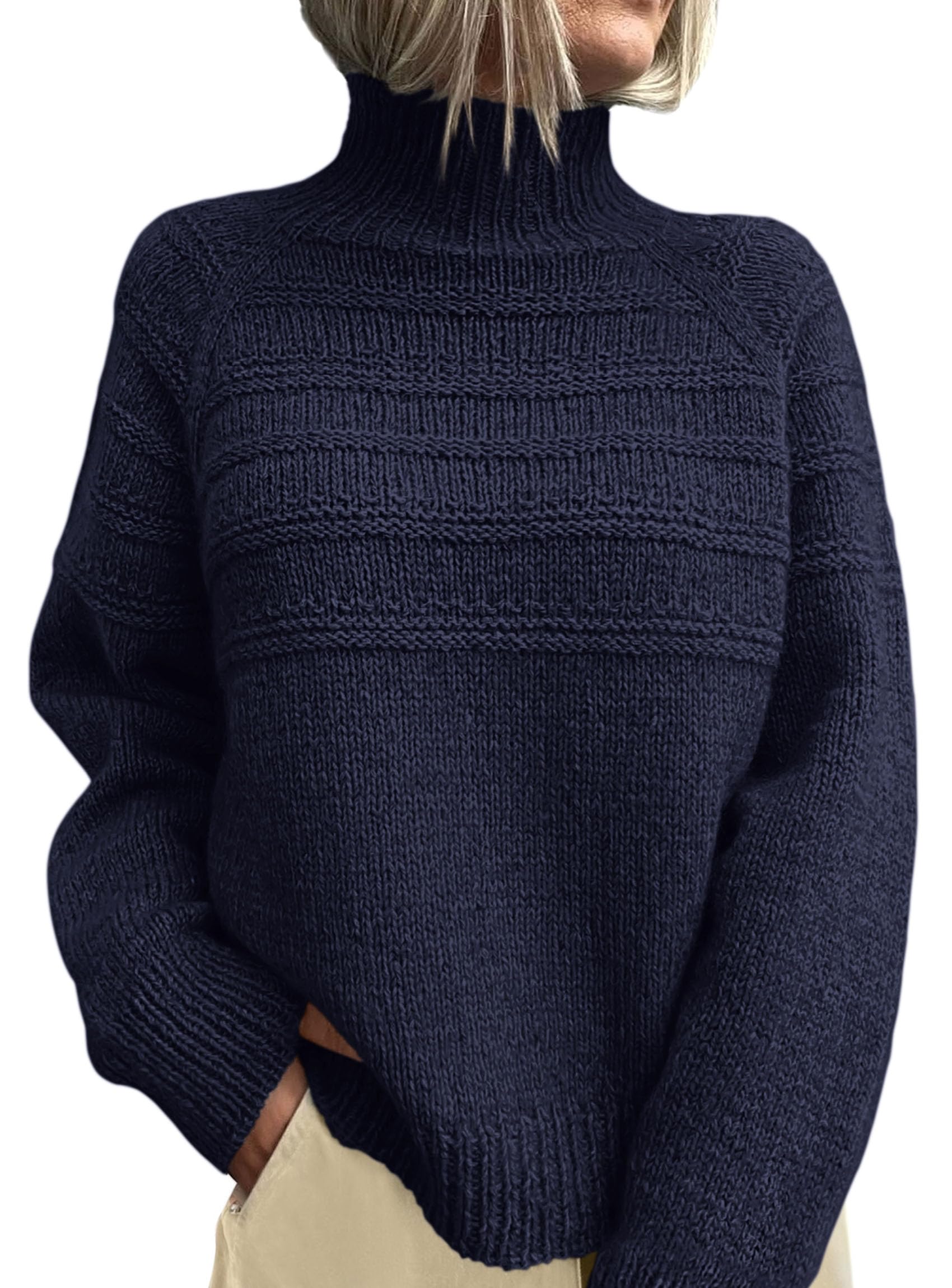 Women's Chunky Knit Mock Neck Pullover Sweaters,Navy Blue,S