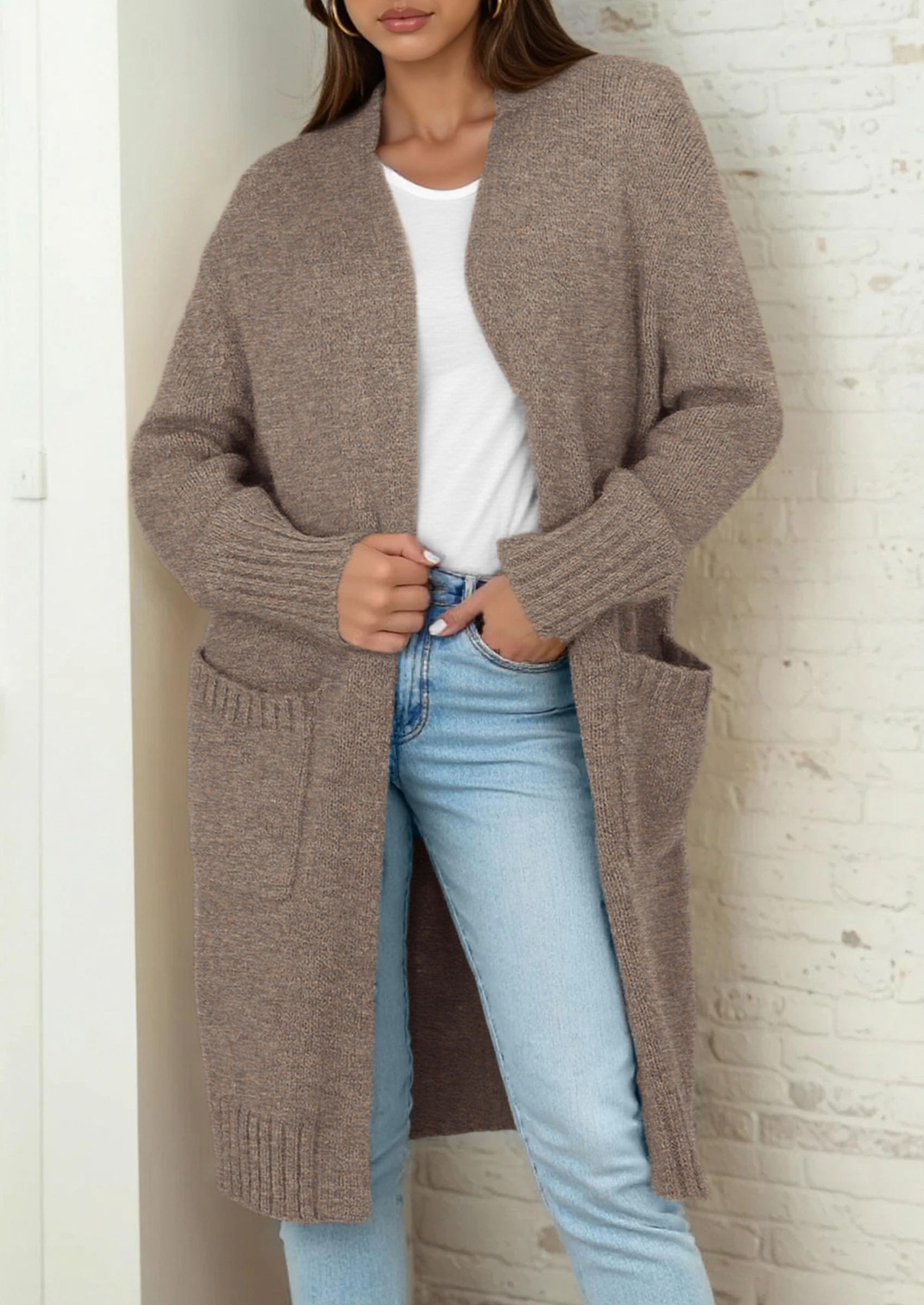 Open Front Cardigan Sweaters for Women,Brown,S