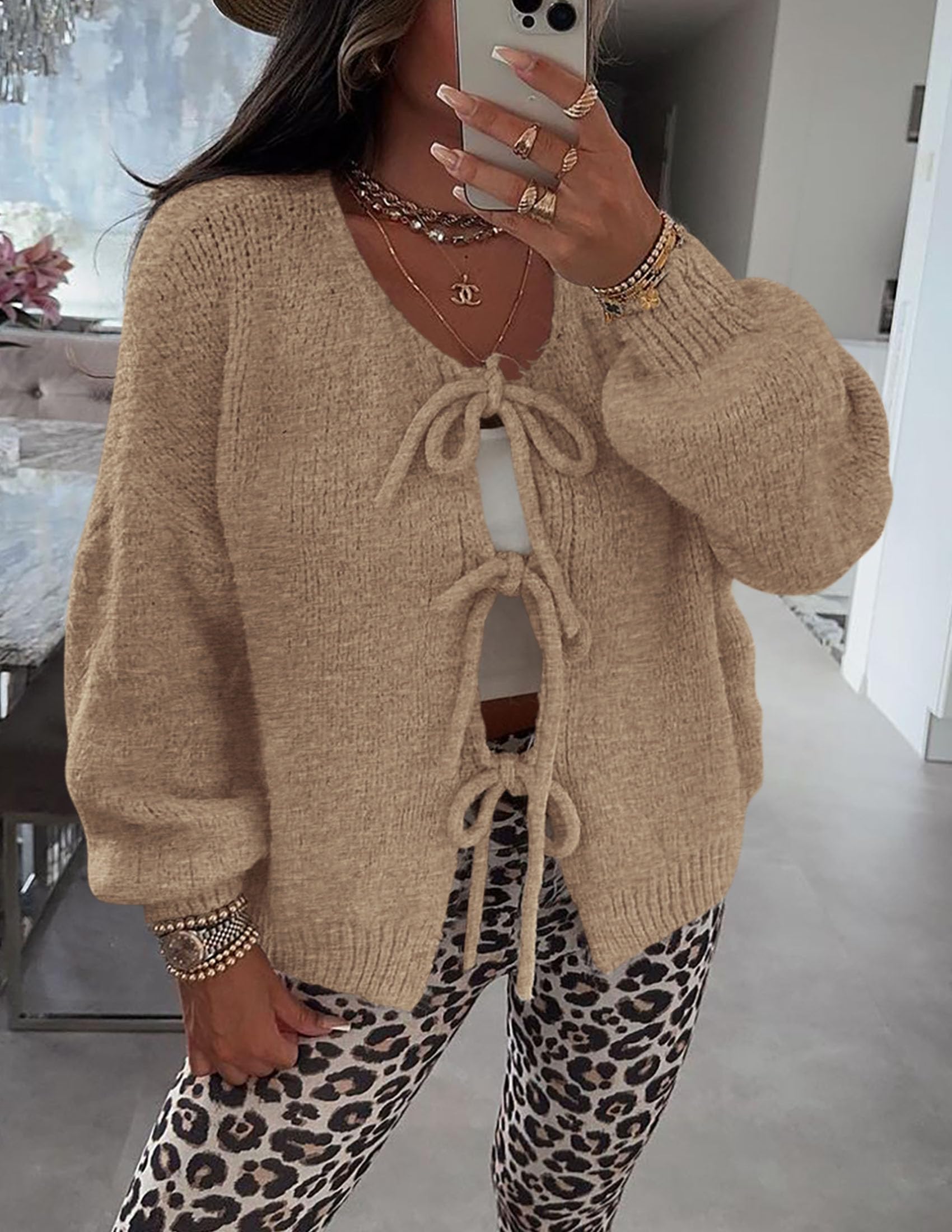 Women's Tie Front Bow Cardigan Sweaters(Light Khaki,Small)