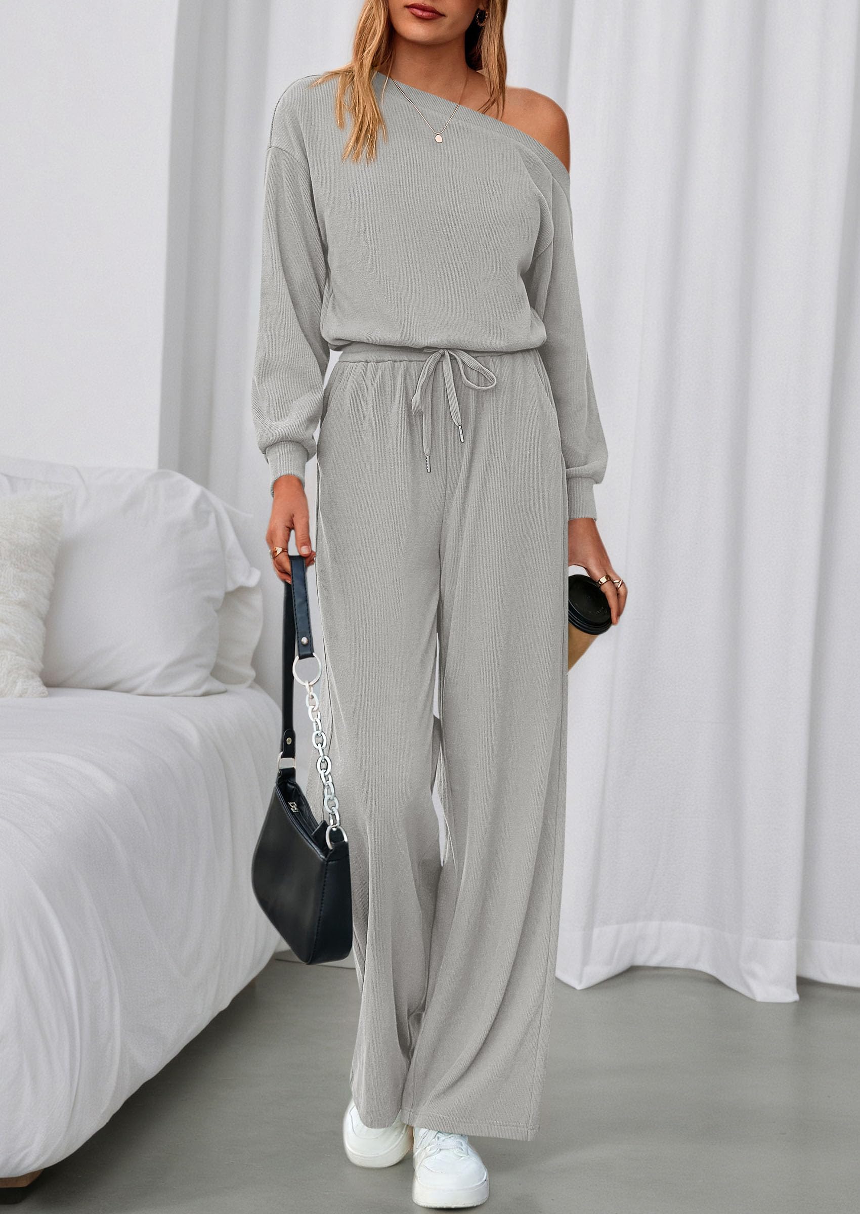 Womens Off Shoulder Long Sleeve Jumpsuit,Grey,S