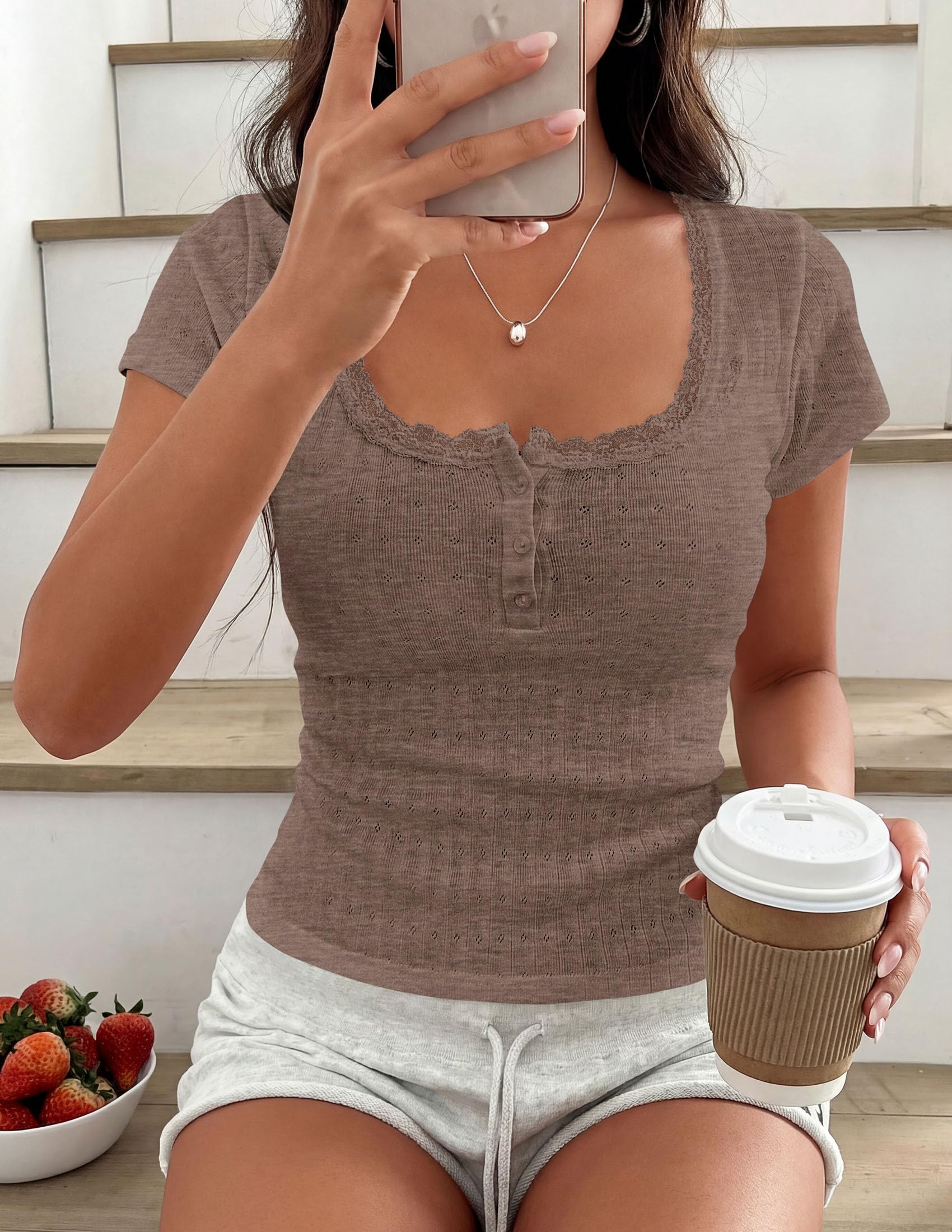 Womens Summer Lace Trim Short Sleeve Henley Top,Khaki,S