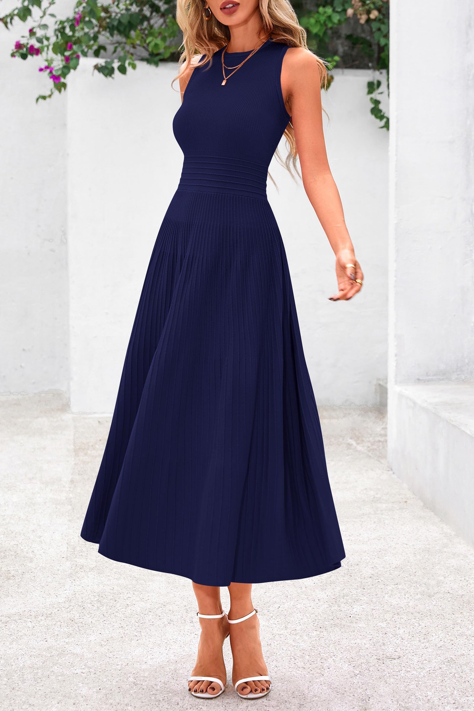 Women's Summer Pleated Midi Work Dress,Navy,S