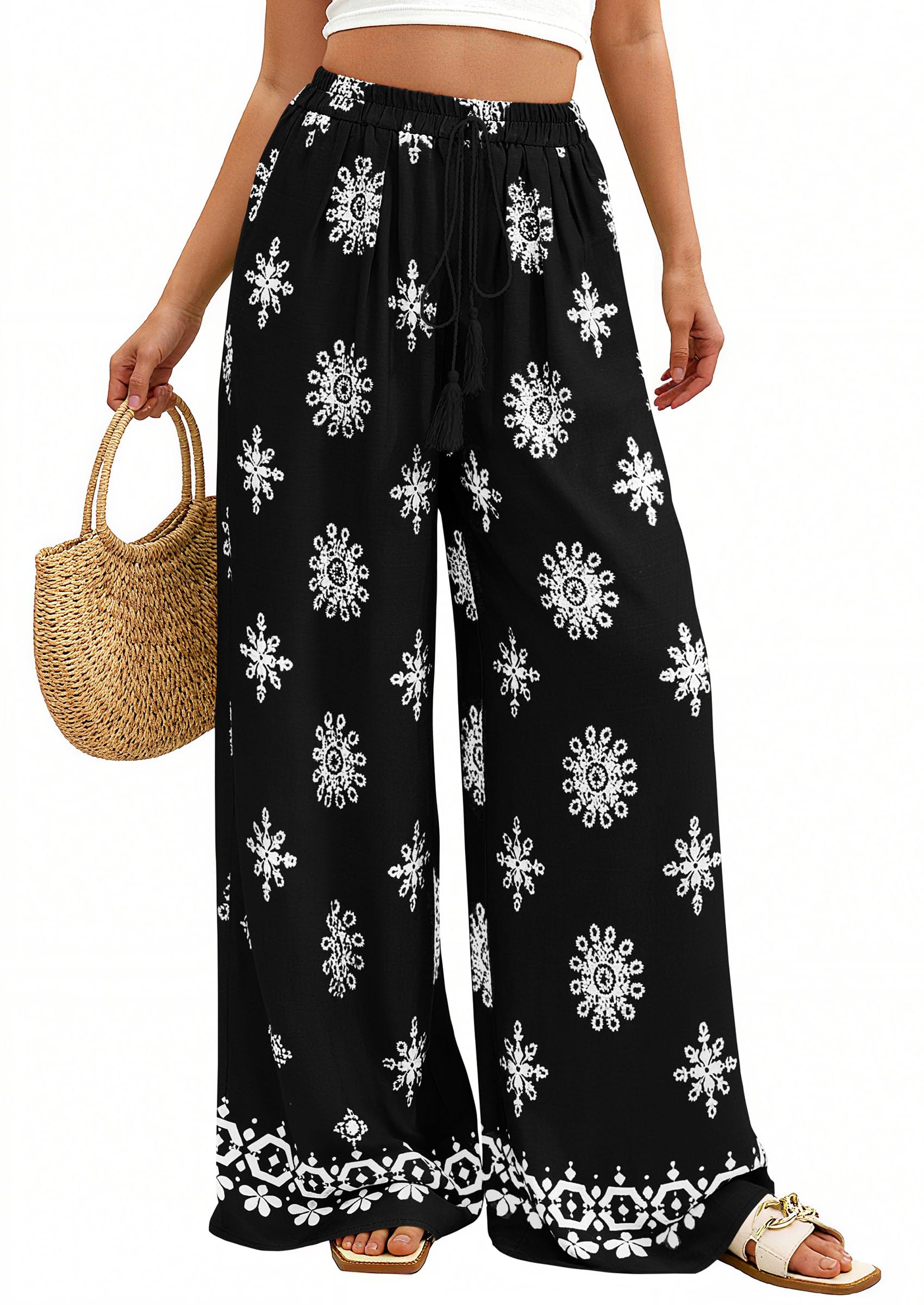 Wide Leg Flowy Boho Pants for Women, Black,S