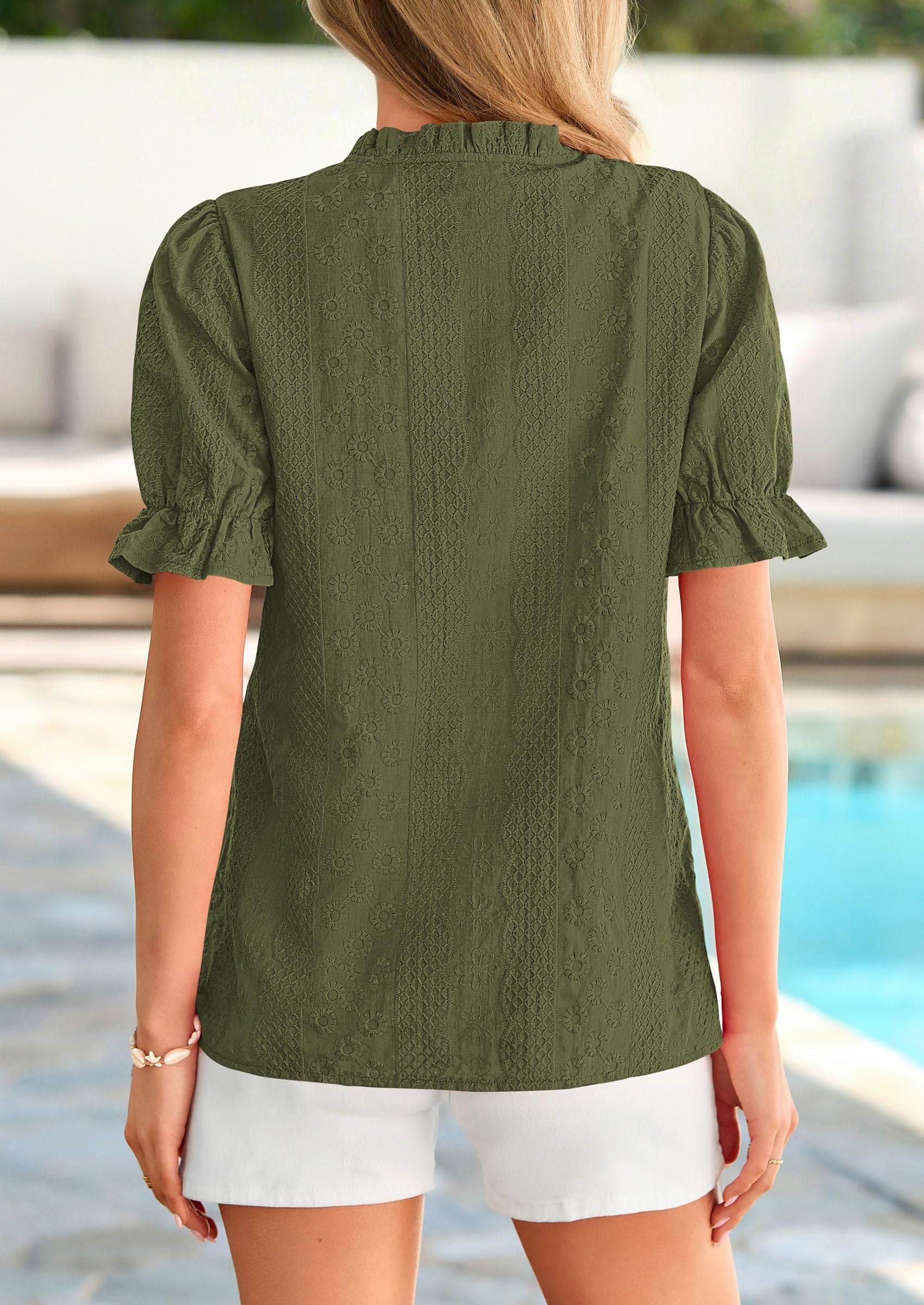 Womens Embroidered Puff Short Sleeve Tops,Army Green,S