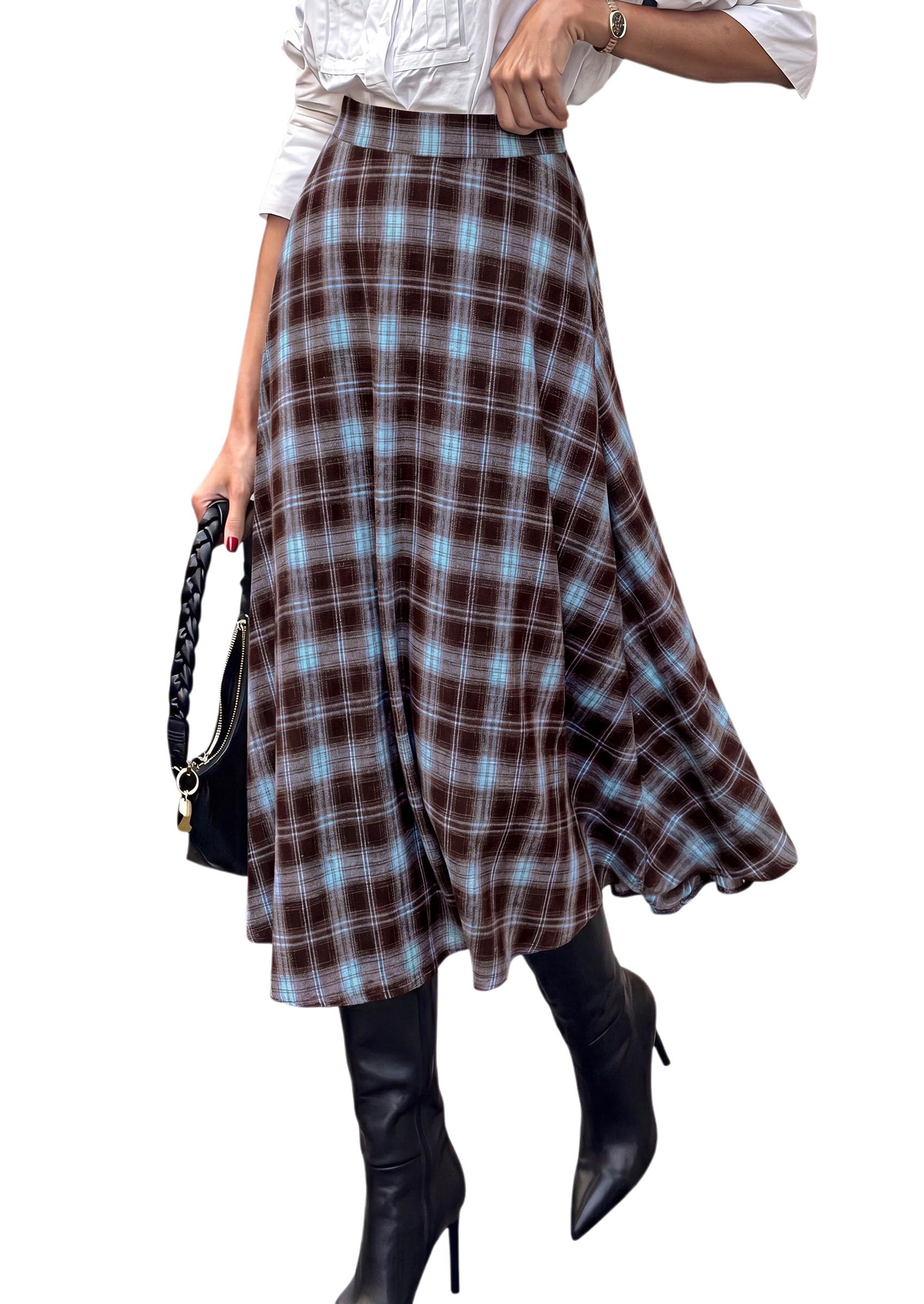 Women's Plaid High Waisted A-Line Midi Skirts,Light Blue,S