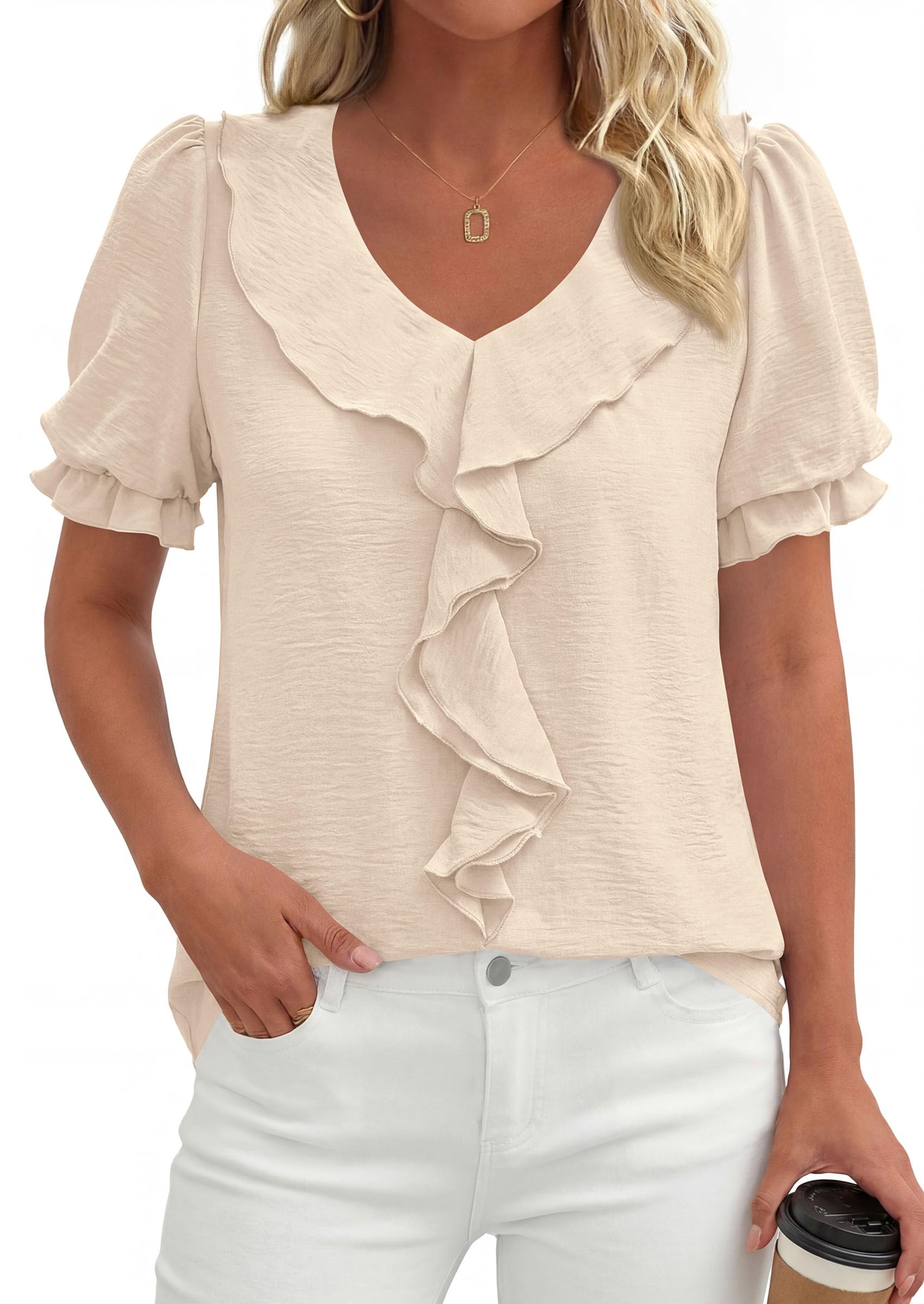 Women's Summer Ruffle Dressy Casual Blouses (Beige,S)